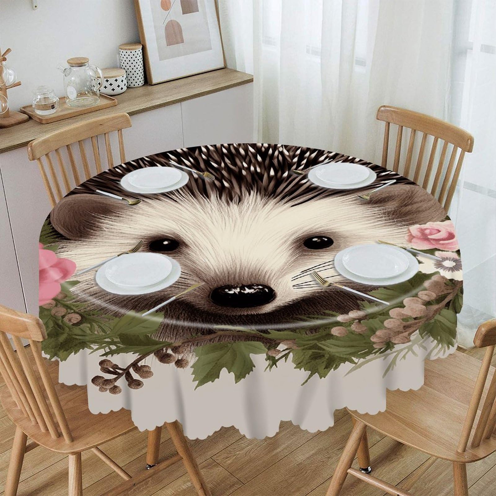 VstaDank Hedgehog in Floral Wreath Round Tablecloth Wipeable Round Polyester Tablecloth Waterproof Wrinkle Free Indoor and Outdoor Table Cover 60 Inch Decorative Farmhouse Table Cloth for Dining