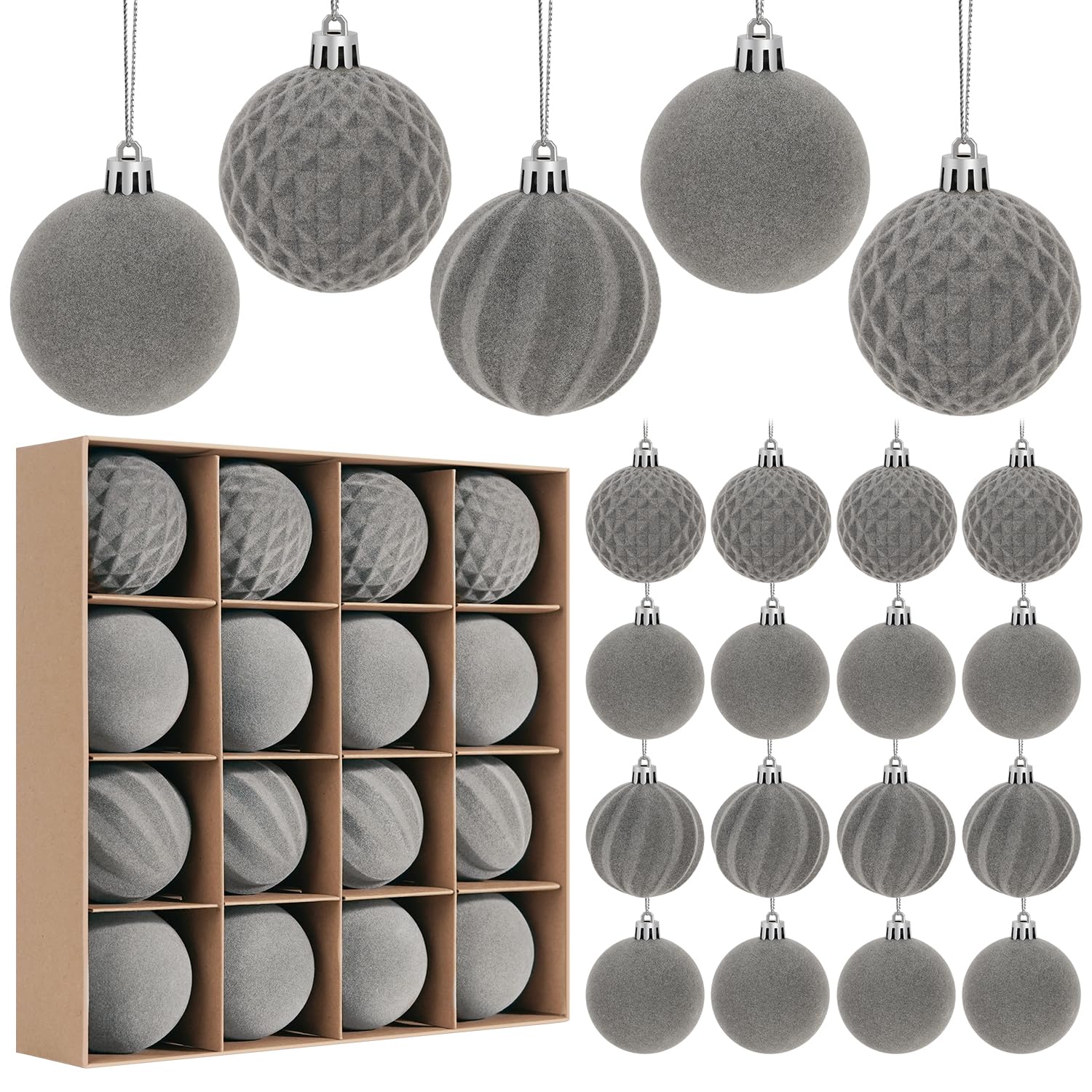 Miaikoe 16 Pcs Velvet Christmas Balls Hanging Ornaments Set, Pre-tied Shatterproof Plastic Flocked Christmas Balls Xmas Decorations Festival Holiday Party Decor (Grey,6CM) โ image 1
