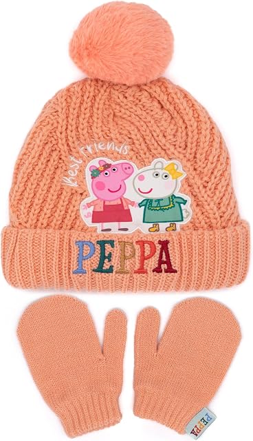 Peppa Pig Hat and Mittens Set Kids | Children Toddlers Girls Peach Peppa Suzy Sheep Winter Double Lined Beanie Gloves | One Size Hat