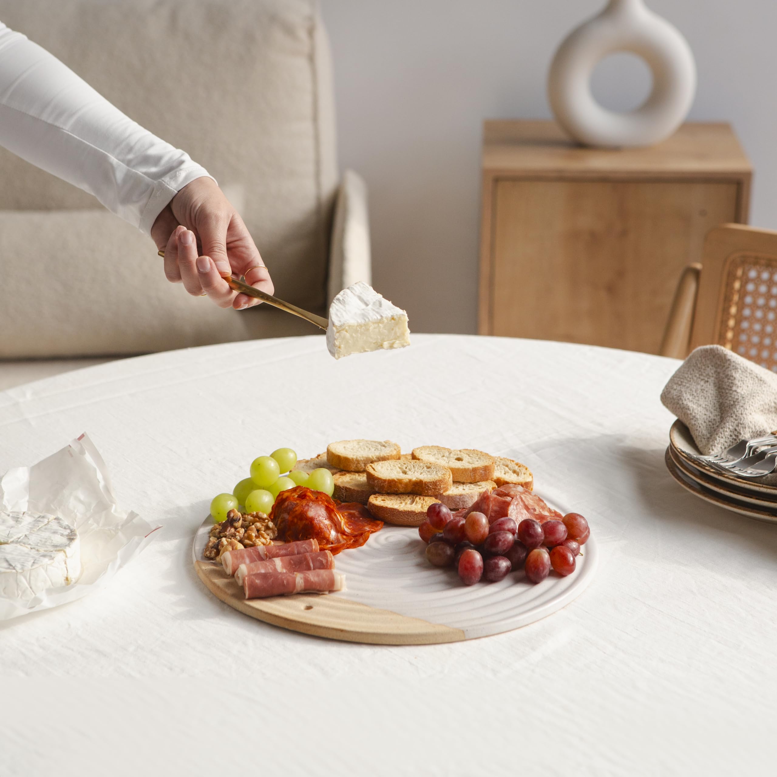 Amarcado Tabla redonda de cerámica para charcutería de 12 pulgadas, juego de tablas de charcutería, juego de tablas de queso, bandeja de carne y queso, tabla de cortar queso, juego de platos para