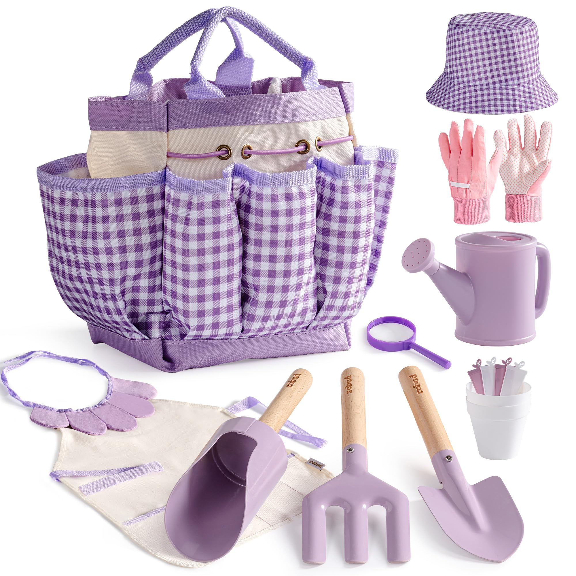 ROBUD Set da giardinaggio per bambini, 17 pezzi, con annaffiatoio per bambini, grembiule, forchetta e pala da giardino, paletta cilindrica, guanti da giardinaggio e borsa tote, giocattoli da giardino