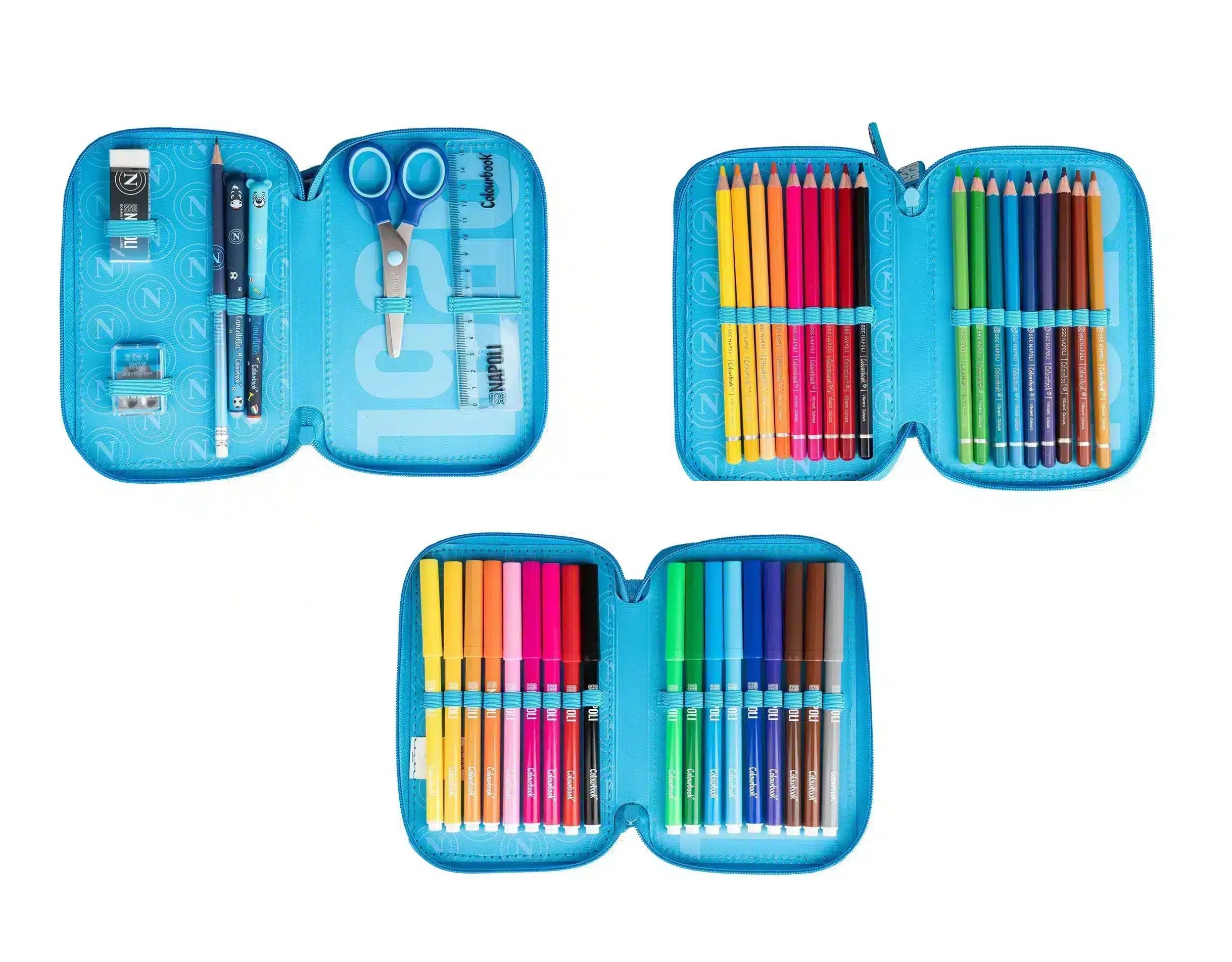 PRESTIGE & DELUXE Zaino scuola Napoli Azzurro con mini pallone + Astuccio 3 piani zip completo di cancelleria + Diario + lunch Bag + Borraccia termica 400 ml + portachiave squadra