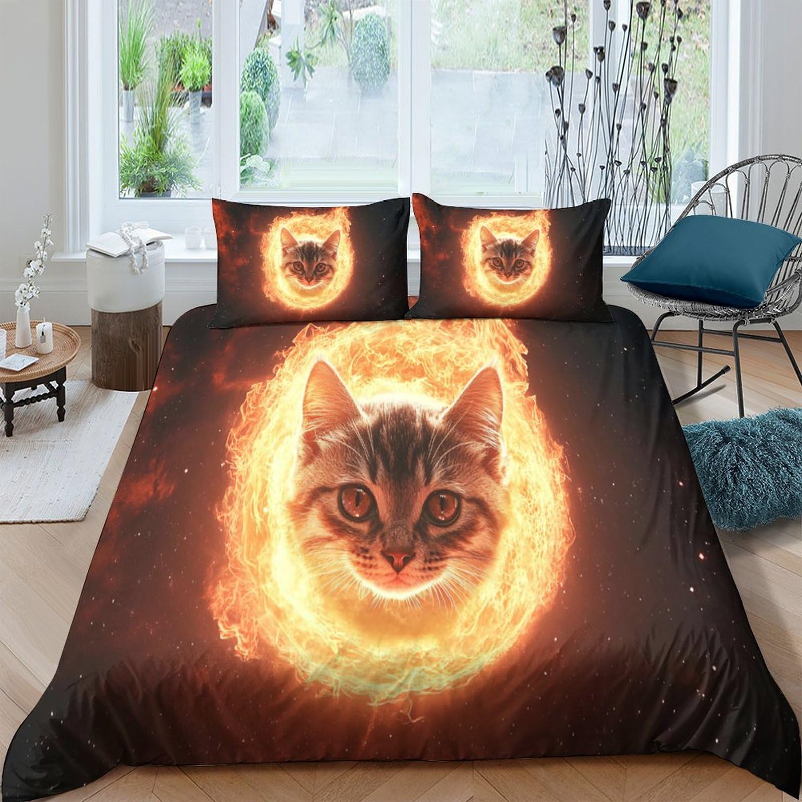 Ctjqhvkz Style-3 3D Printed Fiery Cat Fitted Sheet Microfiber Soft Breathable Flame Circle Bed Sheet For Bedroom Dorm Mattress Protector Single（135X200cm）