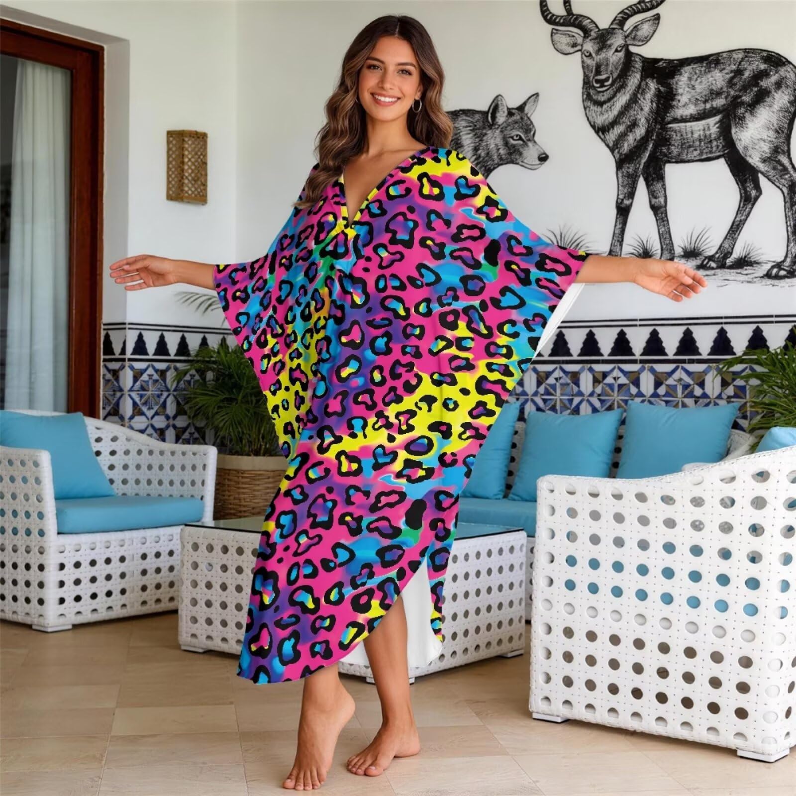 Poceacles Vestido caftán de playa para mujer, talla grande, vestido de verano con cuello en V, bikini con mangas de murciélago