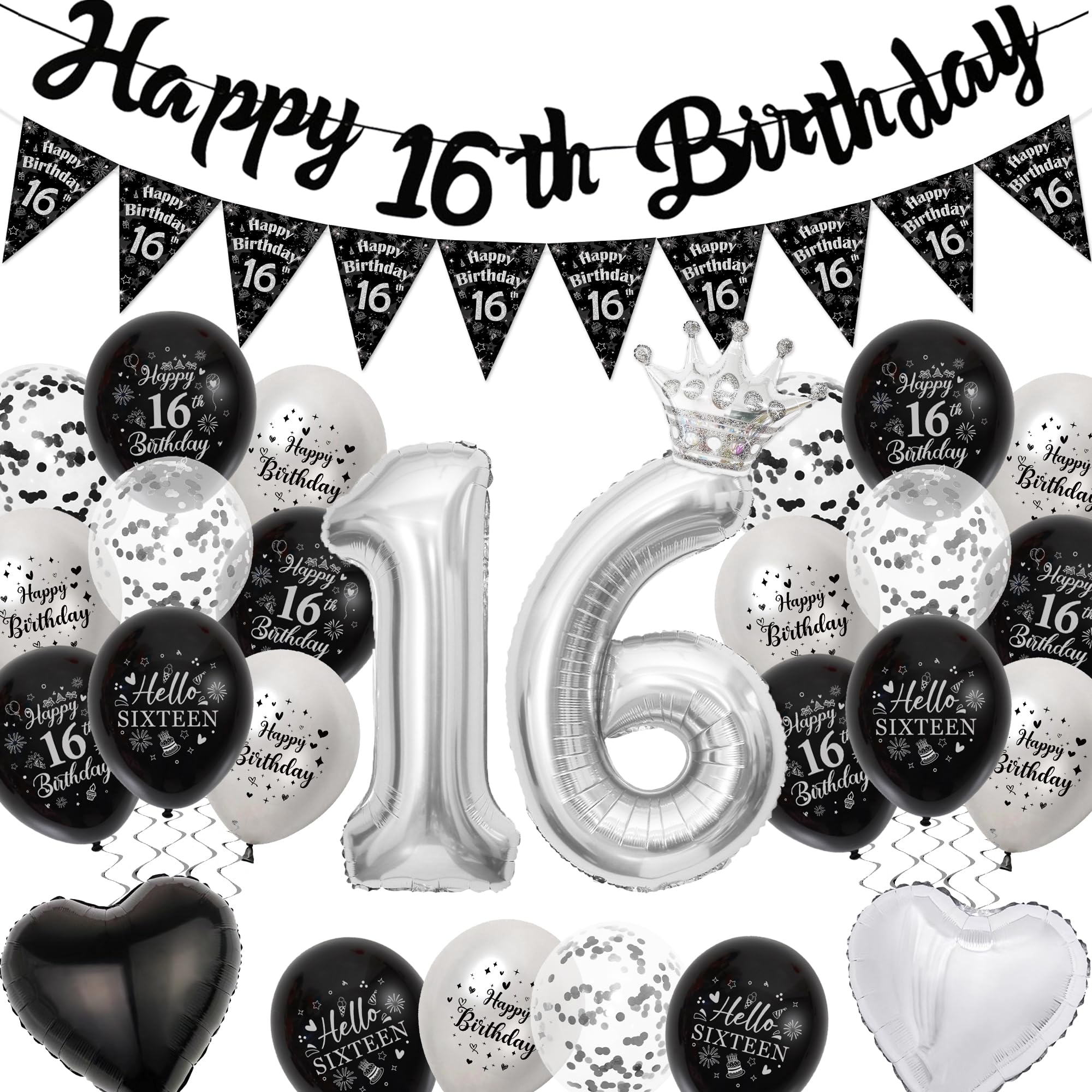 Happy 16th Birthday Party Decorations - Black and Silver Banner Pennant Number 16 Balloons for Boys and Girls, Latex Balloon with Ribbon for Sweet Sixteen Party
