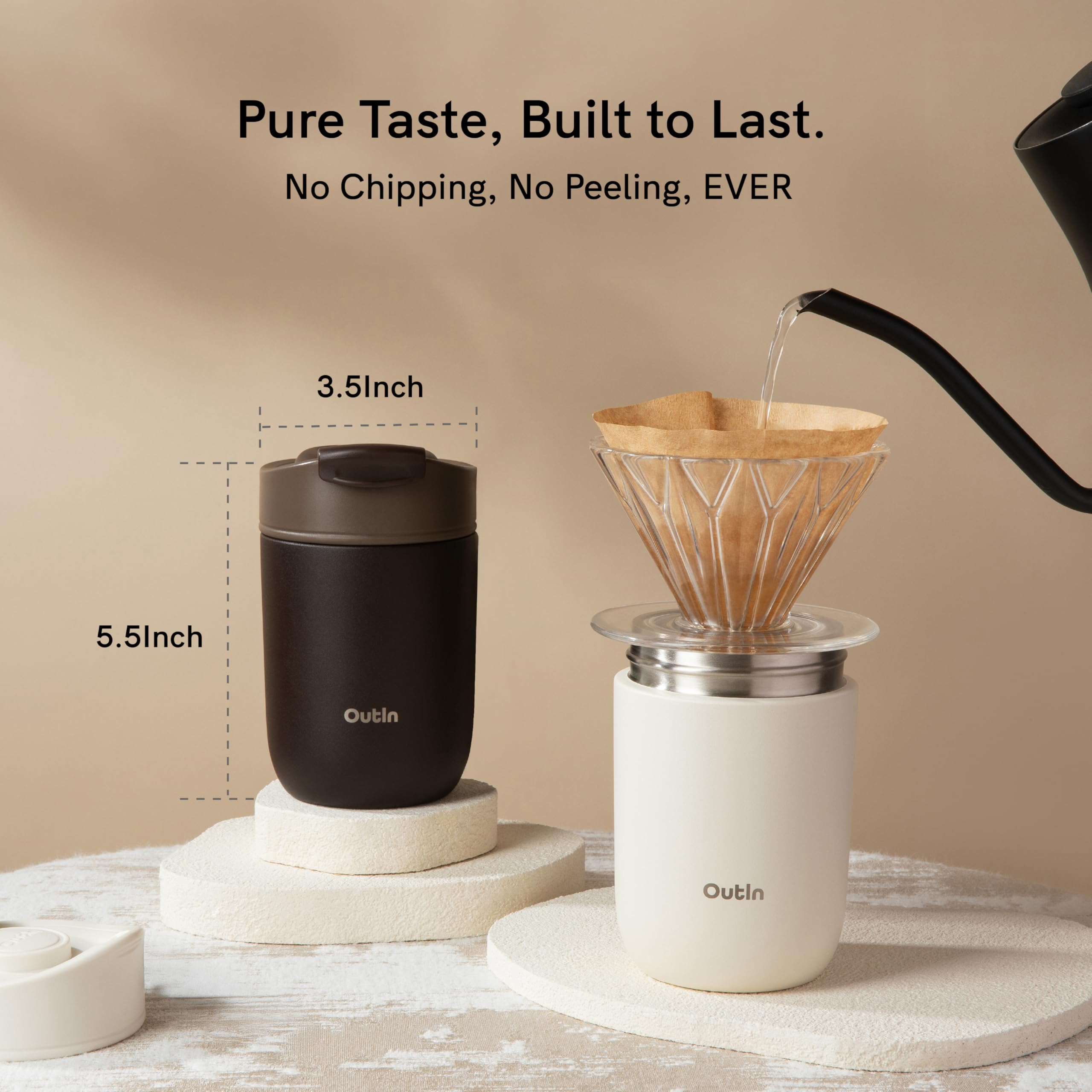 OutIn Travel Tumbler, vaso térmico de café estanco, 350 ml | Vaso de acero inoxidable con tapa abatible para bebidas calientes y frías, uso exterior, Terra Brown