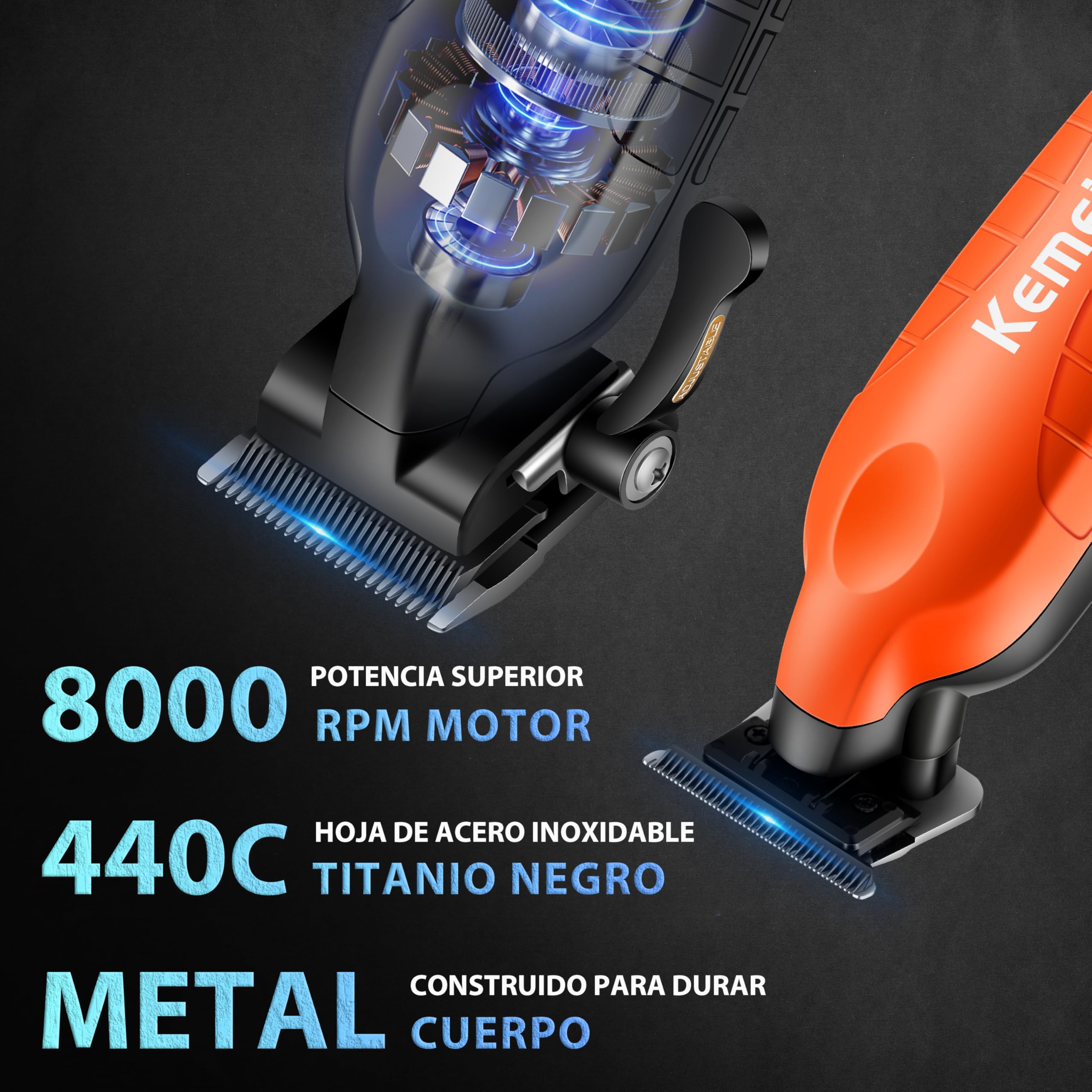 KEMEI Maquina de Cortar Pelo Hombre,Trimmer Profesional con Pantalla Digital & Máquina de Afeitar Eléctrica, Kit Peluqueria Hombre con 8000RPM motor, Carga Dual USB/Base(Naranja)