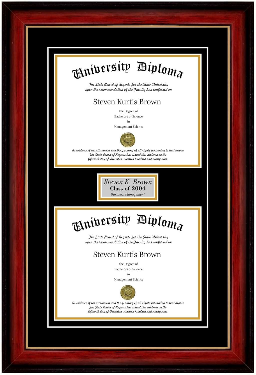 Perfect Cases Personalized Double Diploma Frame with Double Matting for 9" x 7" Tall Diploma with Mahogany with Gold Lip 2" Frame