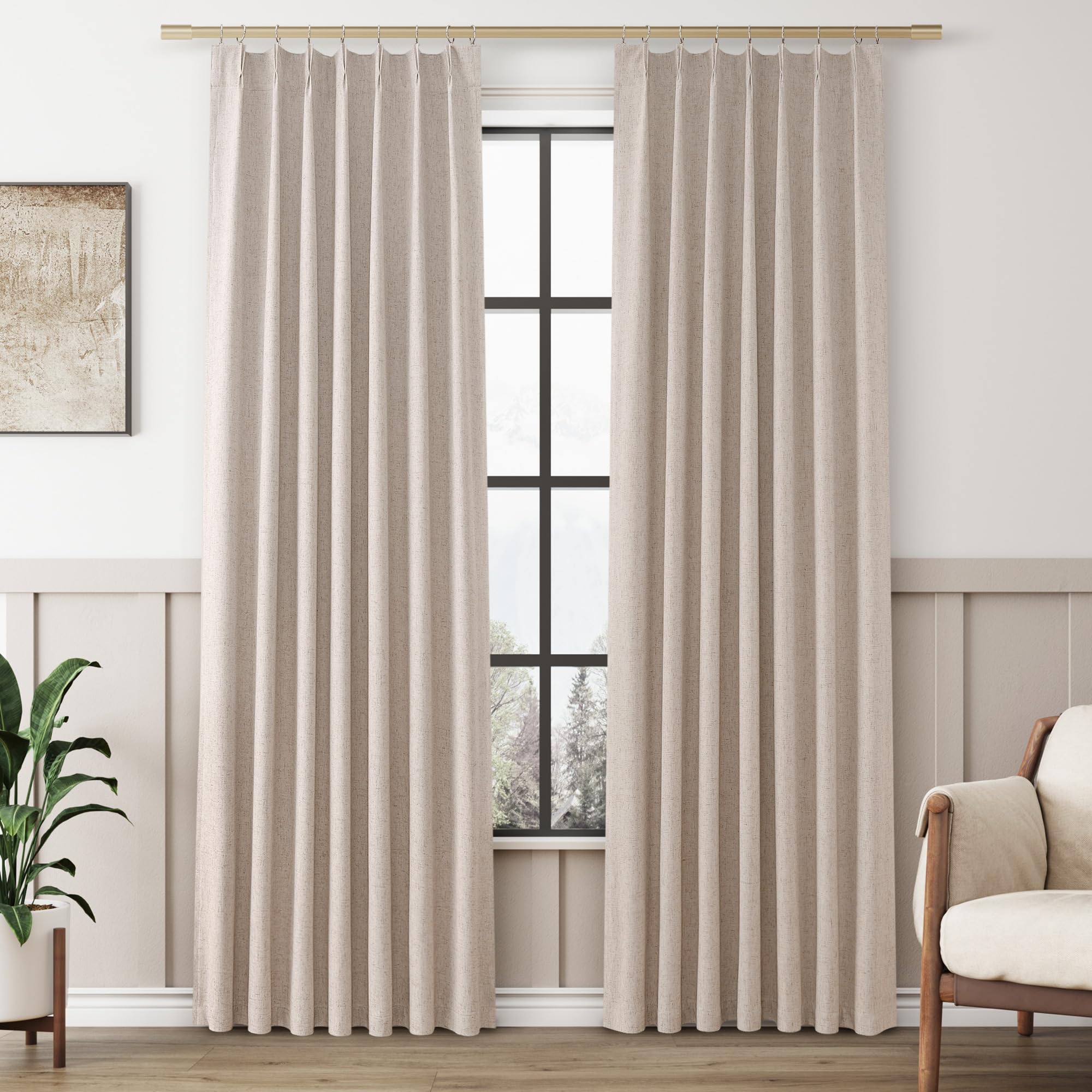 Oatmeal 100% Blackout Pinch Pleated Linen Curtains 84 Inches Long for Living Room Bedroom Pinch Pleat with Hooks Back Tab Linen Drapes Thermal