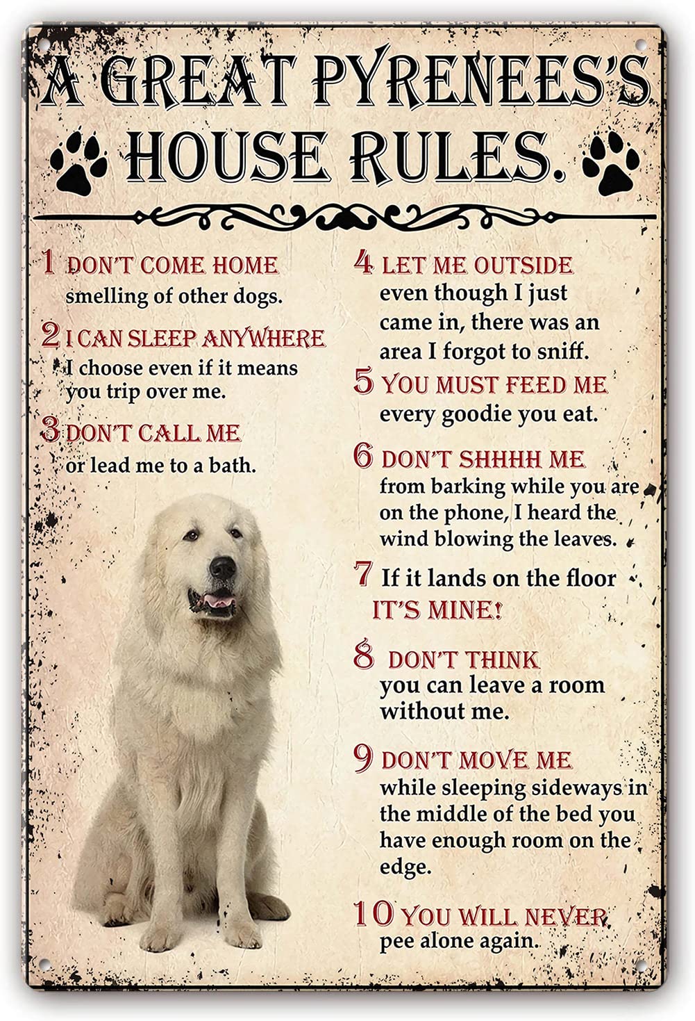 Great Pyrenees Dog Wall Decor House Rules Retro Metal Tin Sign Wall Decor Pictures for Bedroom Dog Metal Sign Wall Decorations for Bathroom Kitchen Vertical Painting 12x16 Inch