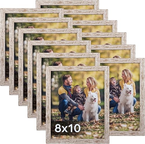 Lyeasw Juego de 12 portarretratos rústicos de 8 x 10 pulgadas, marcos de fotos de granja con múltiples vetas de madera para pared o mesa, color beige
