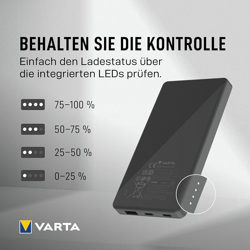 VARTA Power Bank 20000 mAh, 4 portos gyorstöltő, USB-C, Micro USB, telefon és tablet töltéshez - 1 pc, 20,000 mAh