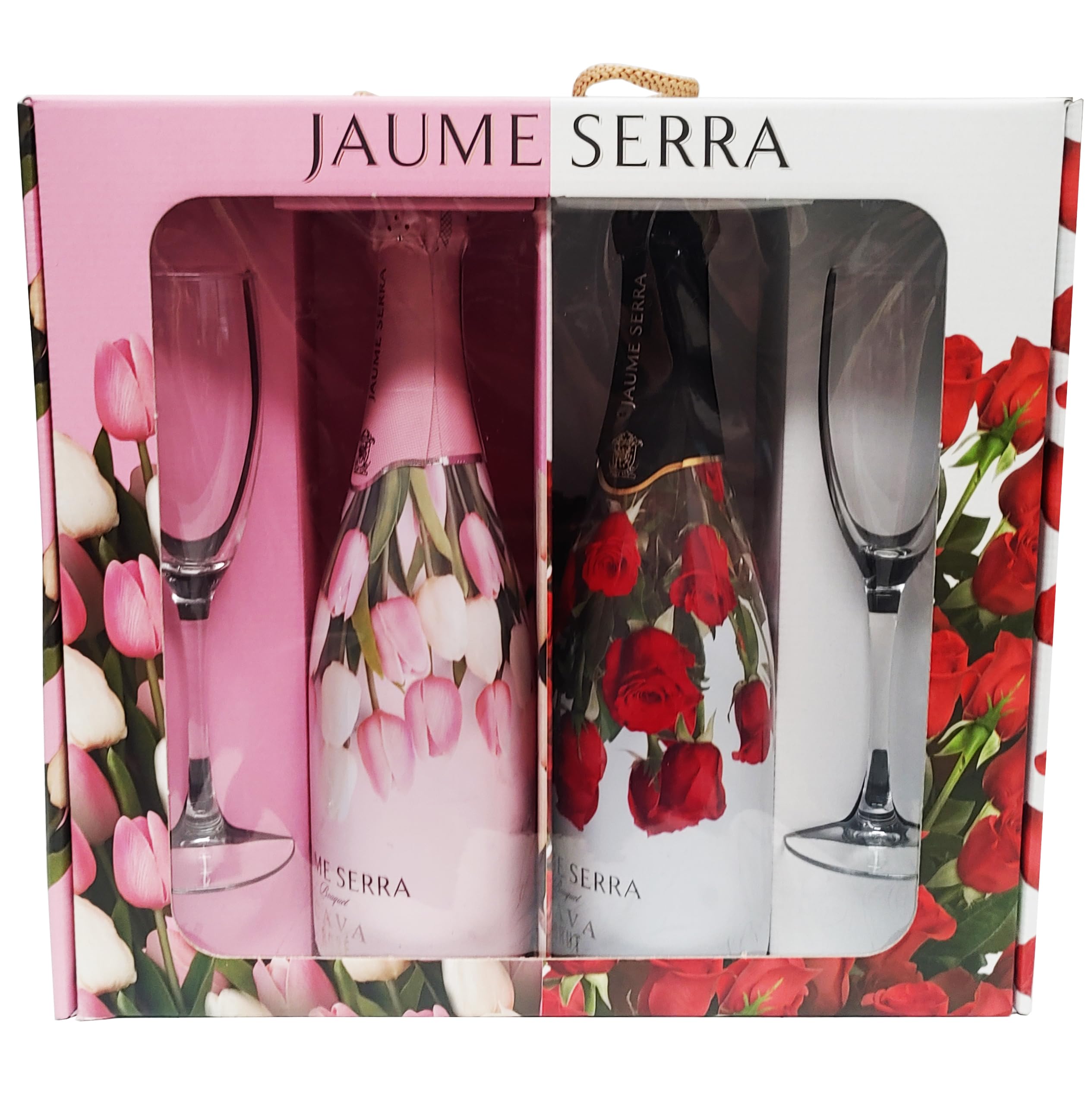 Estuche cava para regalar con copas, 2 botellas de cava Jaume Serra 1 brute y uno rosado y 2 copas de cristal en estuche regalo diseño floreado.