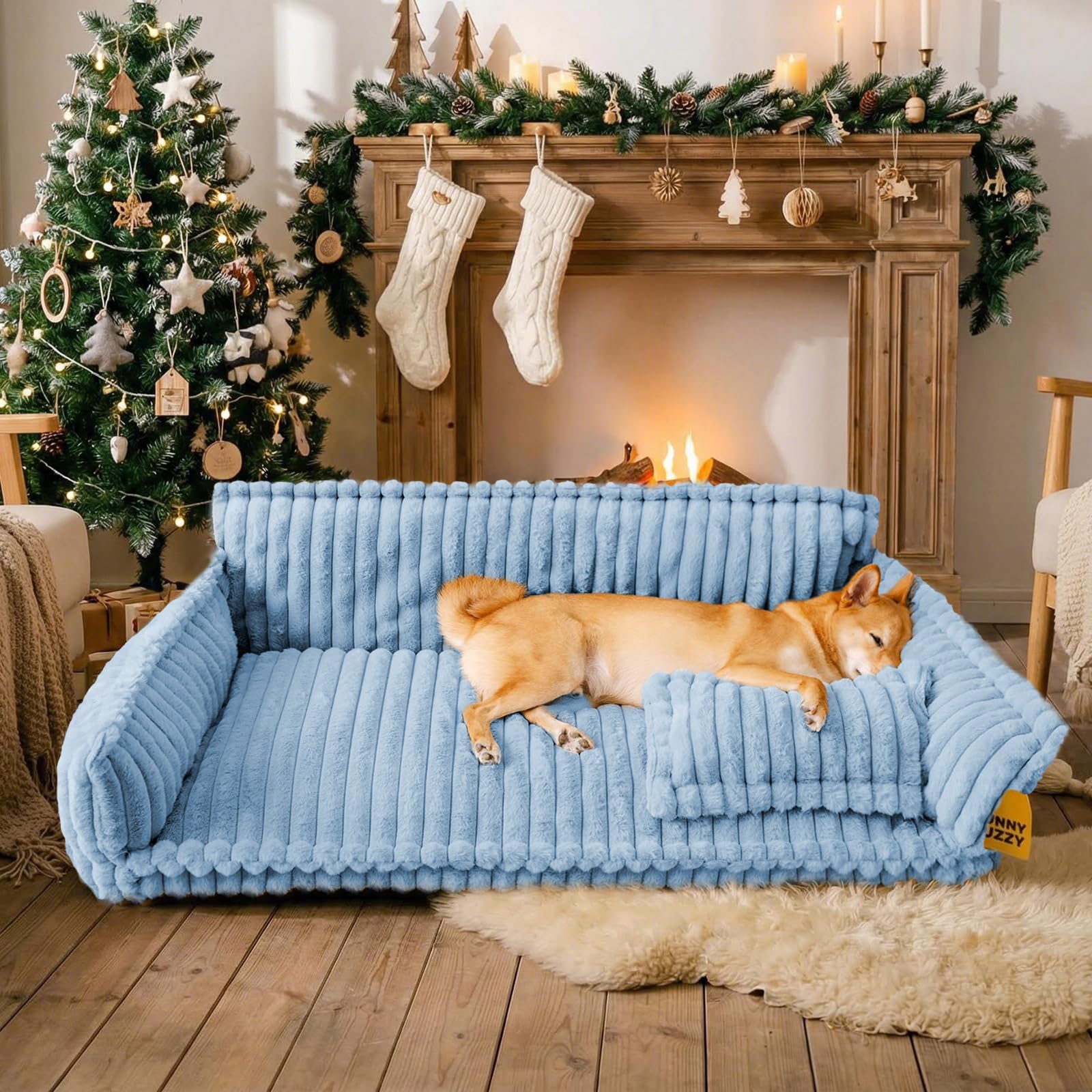 FUNNY FUZZY Dog Bed Orthopedic & Fluffy Dog Couch Bed, Corduroy Fleece Pet Beds Washable, Supportive Foam Pet Sofa Bed with Removable Zipper Cover - Snoozy Dream, Blue, XXL