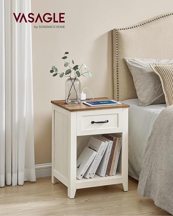 VASAGLE Farmhouse Nightstand with Charging Station, 1 Drawer | Bedside Table, Side Table with Open Compartment, for Bedroom, Rustic White and Honey Brown, LIRY Collection ULET659K41
