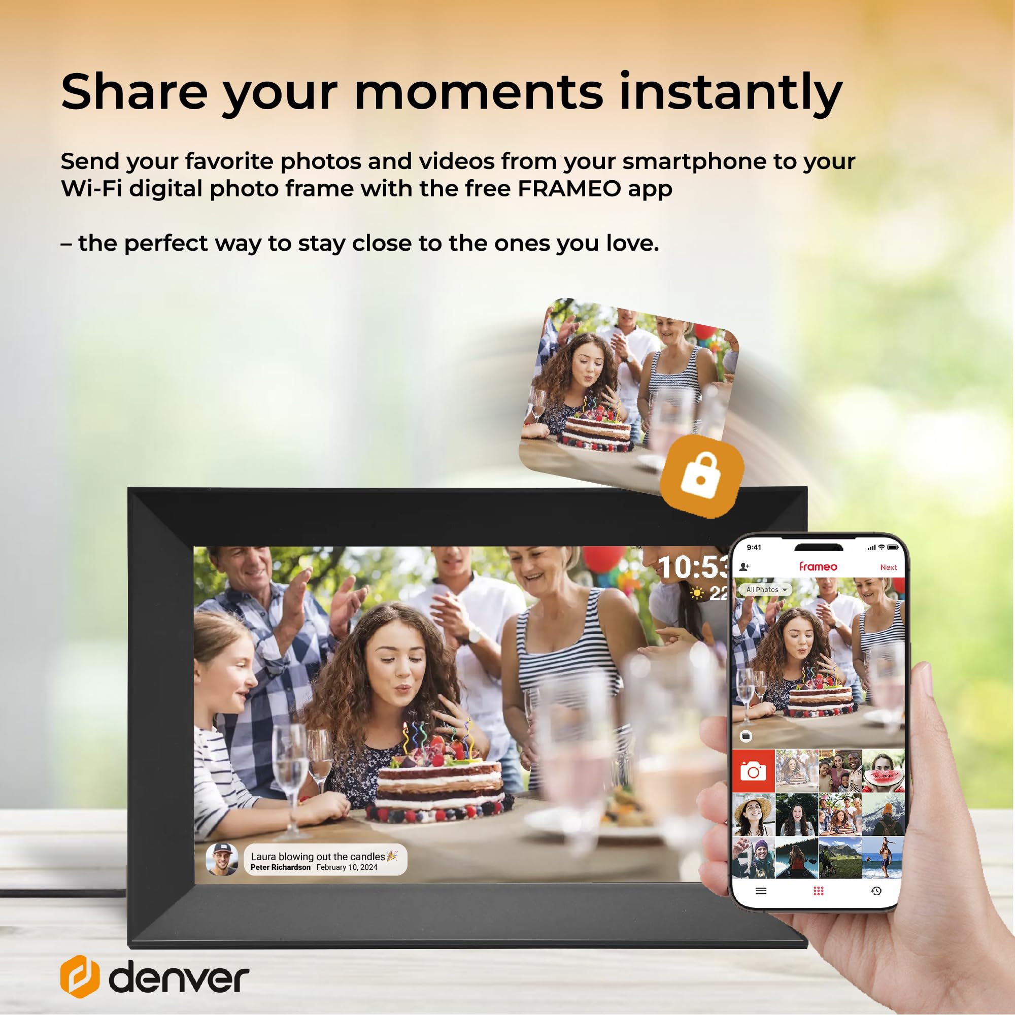Denver Frameo Marco Digital WiFi 10,1 Pulgadas, Pantalla Full HD IPS táctil 1920 x 1200, 16 GB, App Frameo, Color Negro