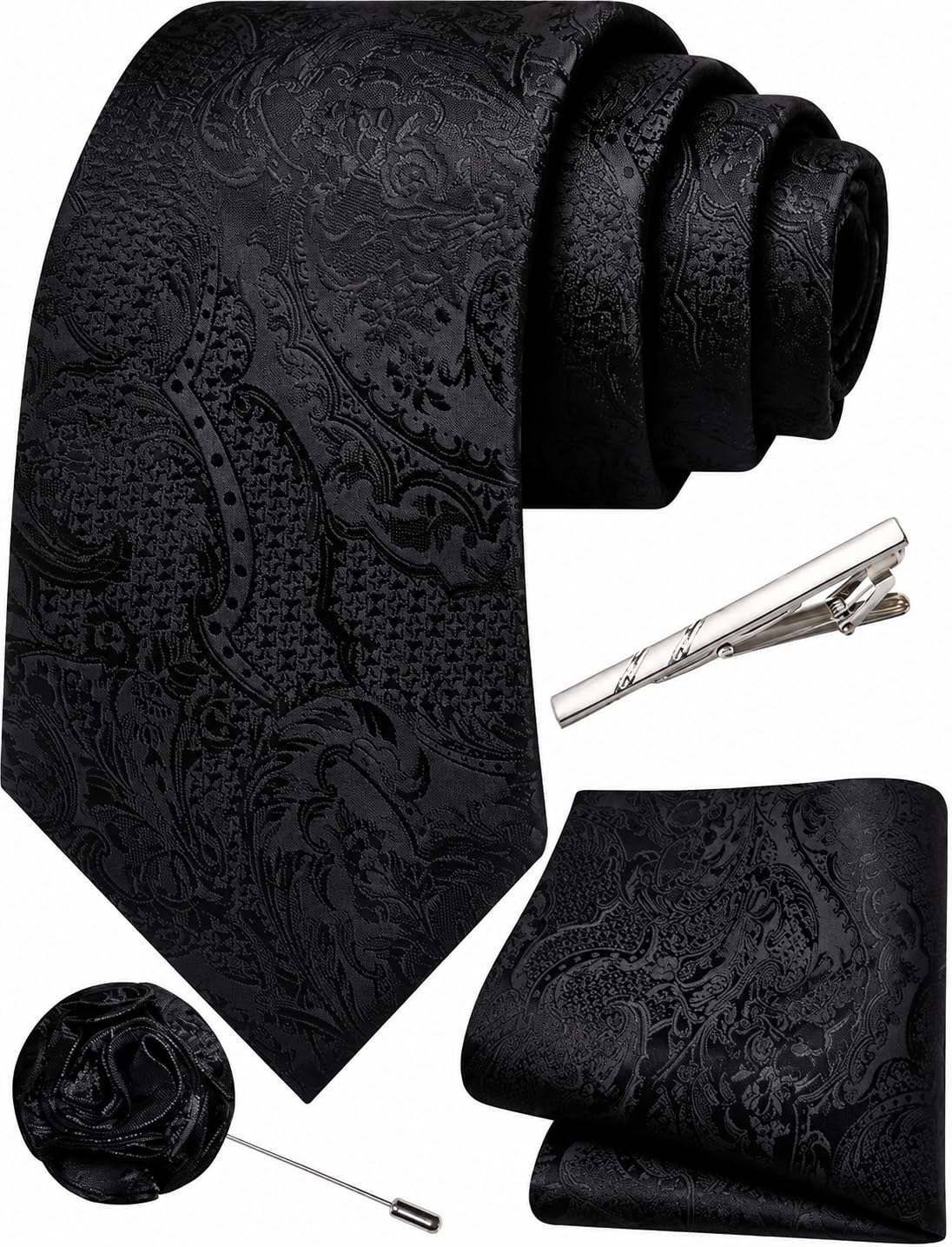 Unique Paisley Ties for Men Silk Neck Tie and Pocket Square Set with Tie Clip Lapel Pin Wedding Formal