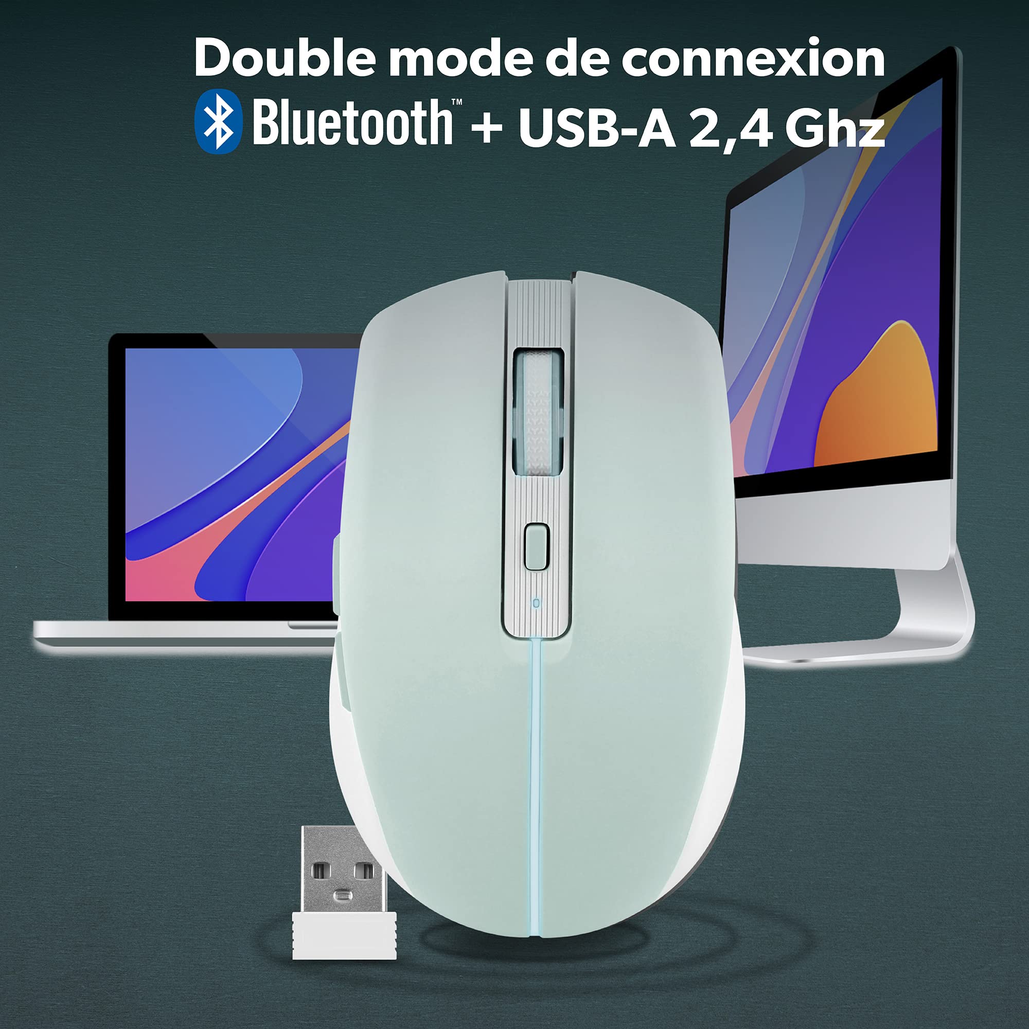 T'NB Modna kolorowa mysz bezprzewodowa, podwójny tryb Bluetooth i USB-A, możliwość ładowania o wysokiej autonomii, dokładność 1600 DPI, 6 przycisków - niebieska