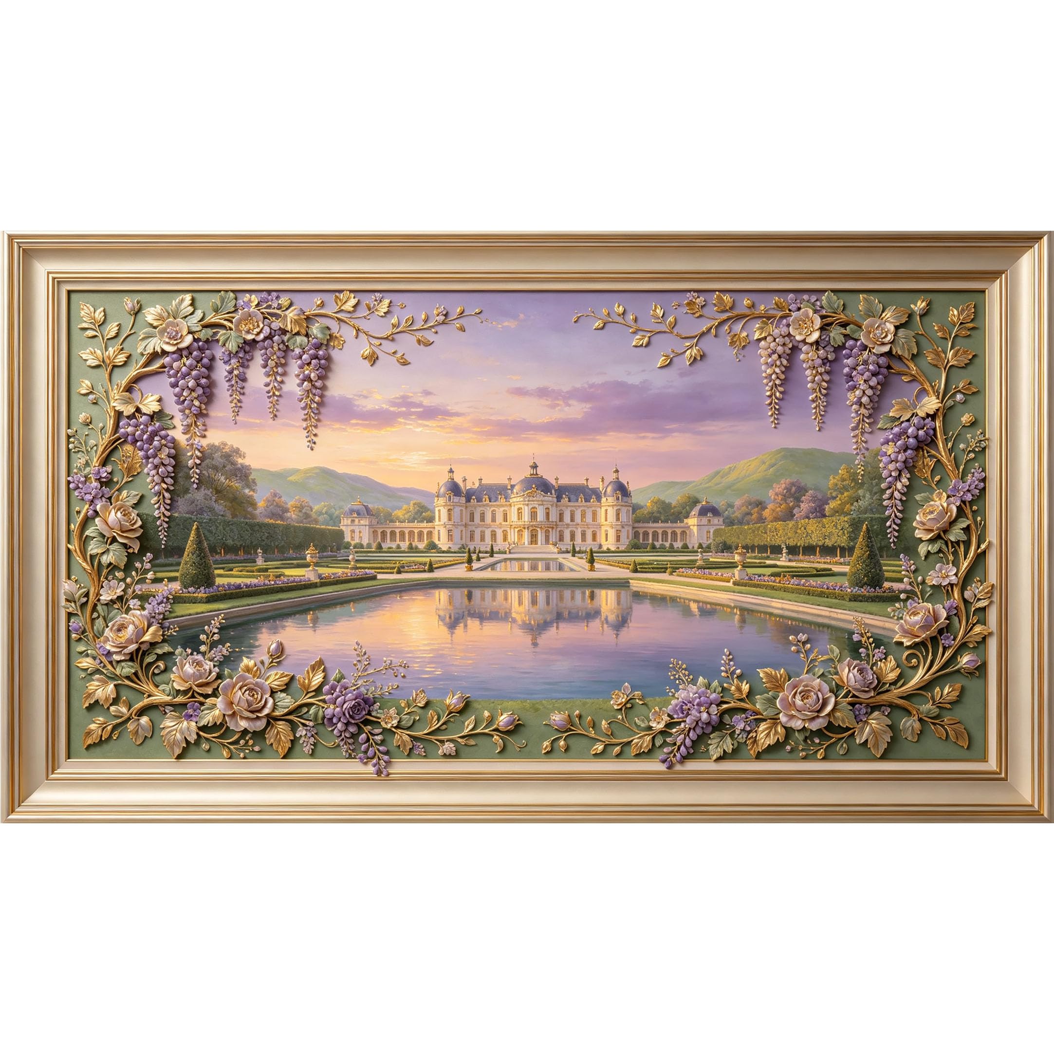 QZLITHOTIC 50×90cm3D Framed Wall Art， Neoclassical Palace Landscape Gold Floral Wisteria Self?Adhesive Mural， Water?Activated Peel & Stick Fabric Decor Wall Decal for Bedroom Living Room