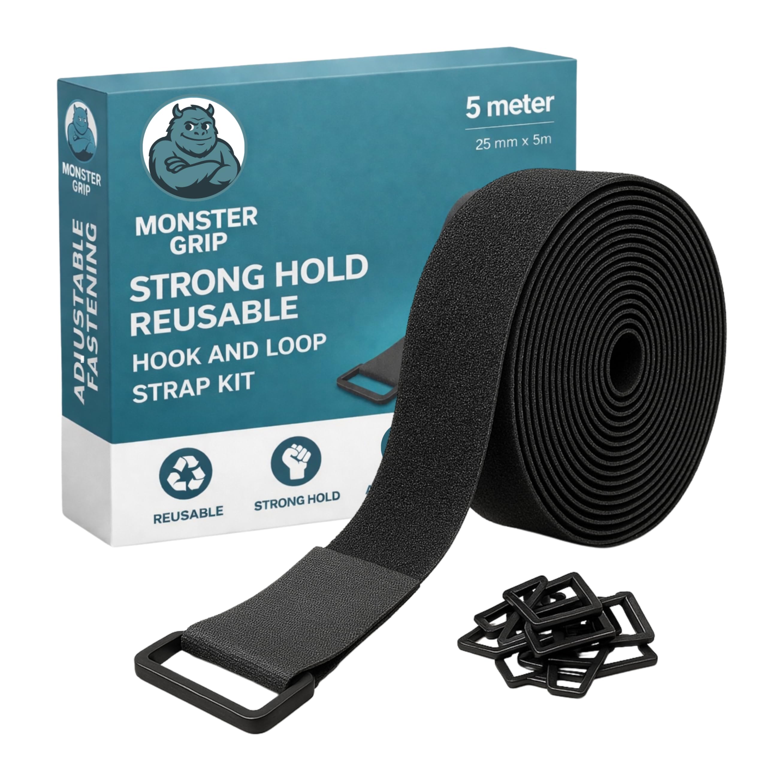 Adjustable Cable Strap, 5m x 25mm, Reusable Cinch Strap, Strong Grip, 25 Buckles, Hook and Loop Multi-Purpose Fastening Strap Kit. Secure, Adjustable Fastening