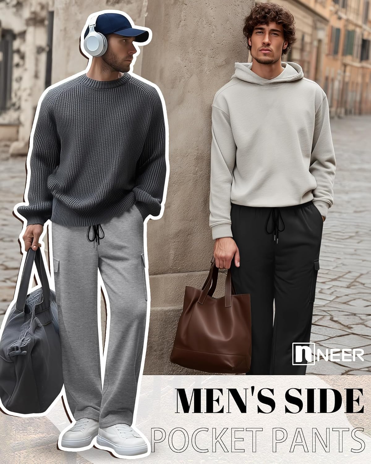 Neer 3 Pack Men's Baggy Cargo Sweatpants Open Bottom Joggers Straight Wide Leg Drawstring Lounge Pants with Pockets S to 3XL - Image 3