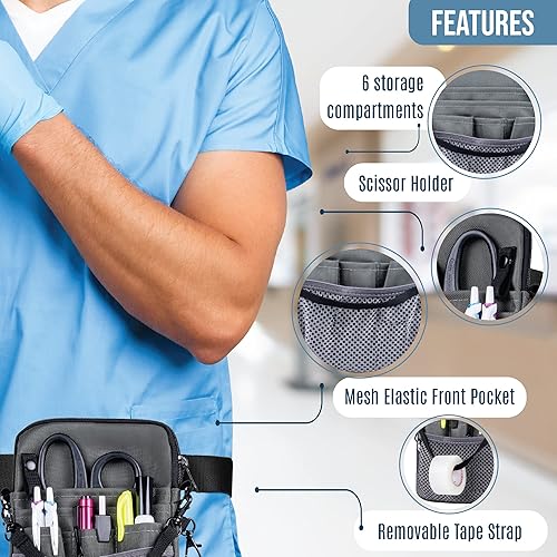 Miniatura 3 de First Lifesaver Riñonera convertible 4 en 1 con múltiples compartimentos y soporte de cinta para enfermeras, estudiantes de enfermería, Gris, L,