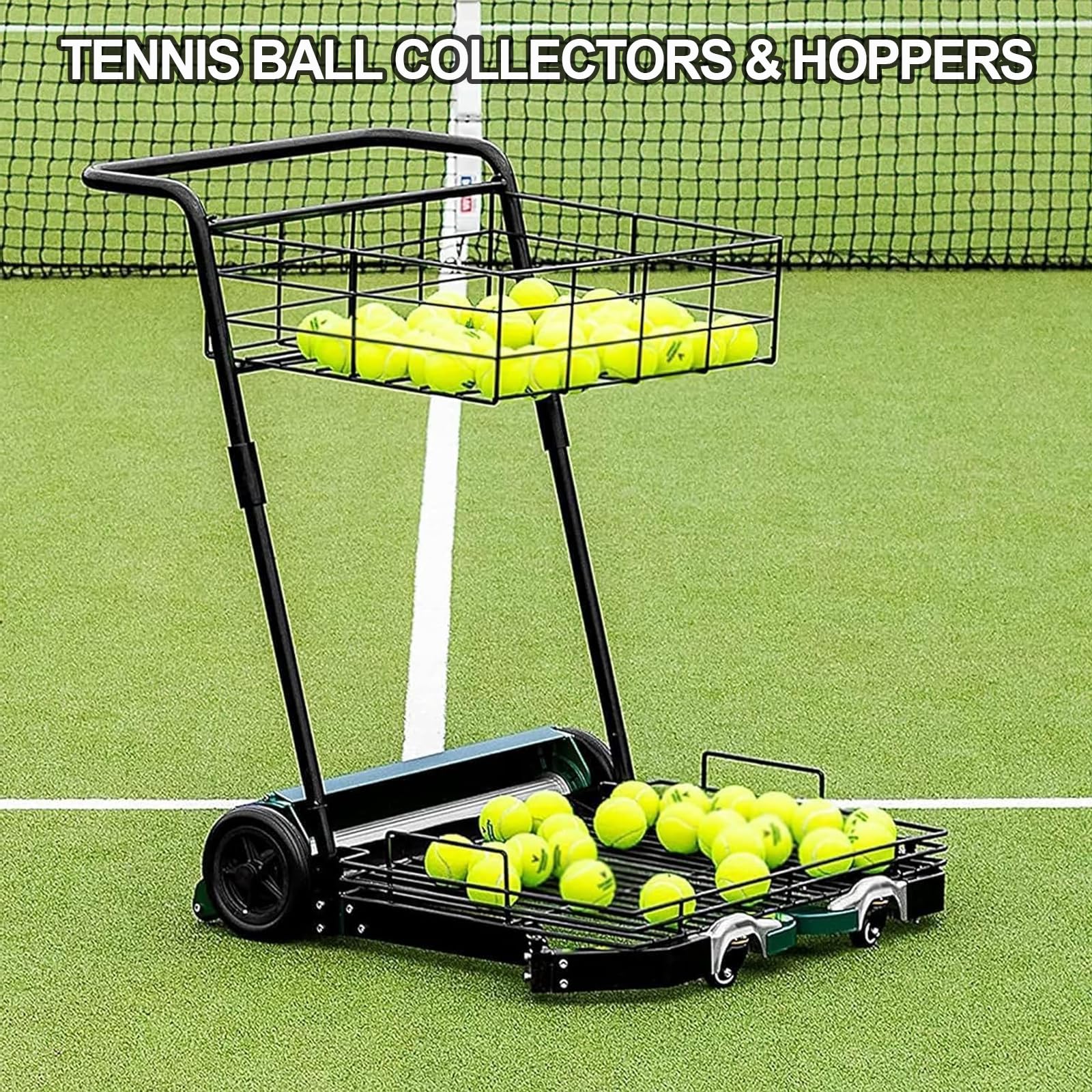 Carrello per raccogliere palline da tennis e tramogge, facile da collezionare, può contenere fino a 290 palline, con ruota girevole a 360° per una manutenzione efficiente del campo