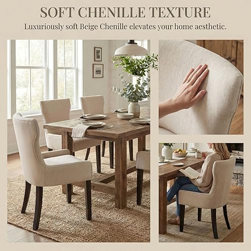 Miniatura 6 de Juego de 4 sillas de comedor de madera, sillas de comedor tapizadas con respaldo de ala y patas de madera de caucho, silla decorativa de madera