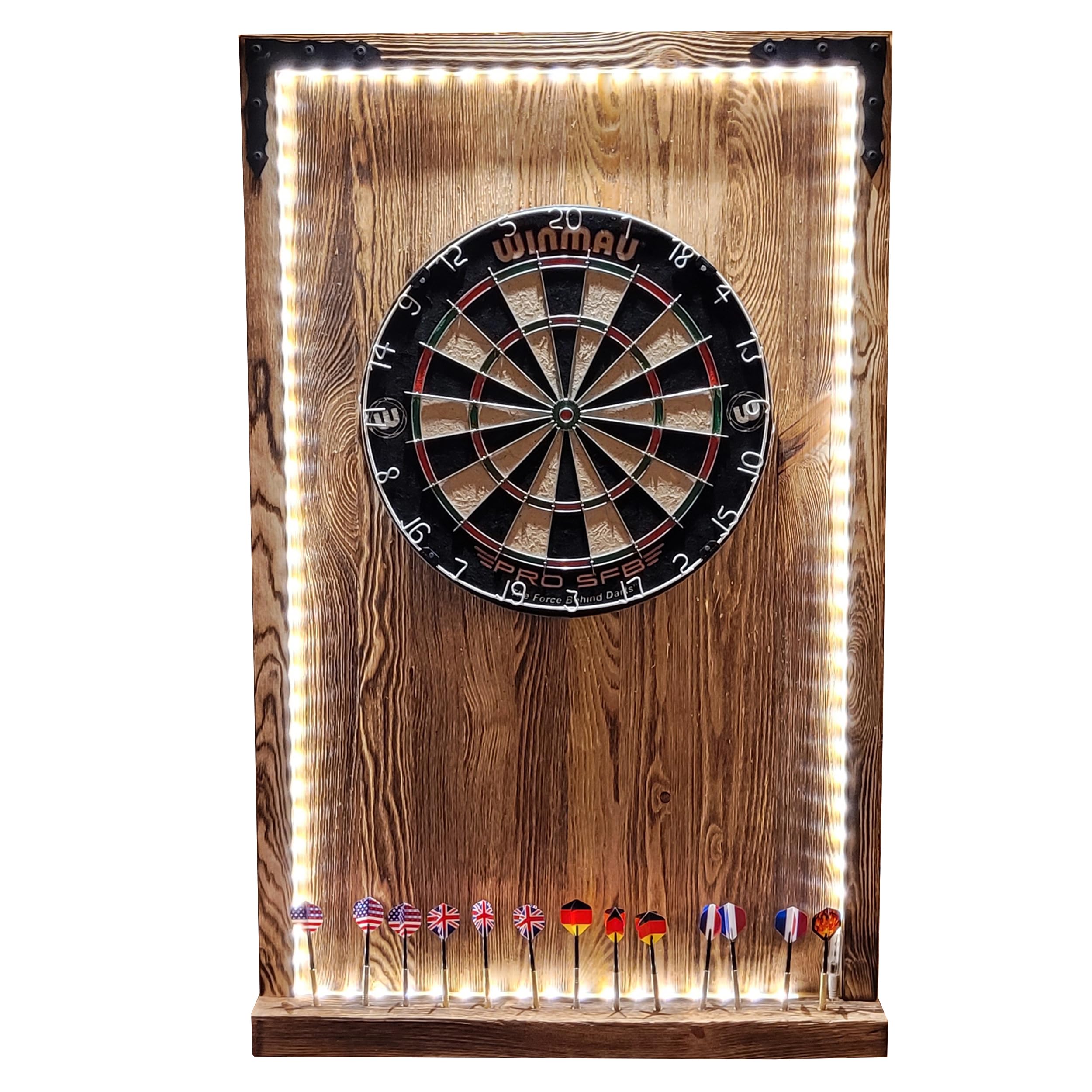 WEECO Cible de Fléchettes en Pin avec Éclairage LED - Couverture Murale Style Vintage, Cabinet Massif, Revêtement pour Armoire 112 x 70 cm