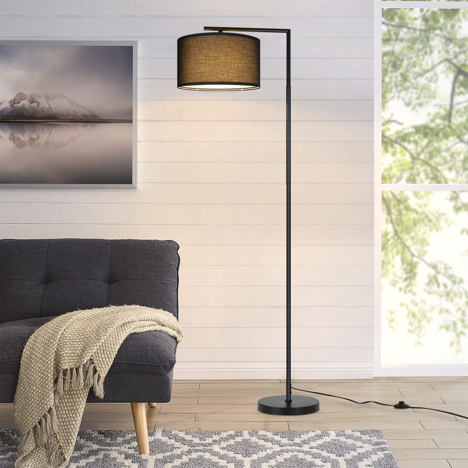 ZMH Stehlampe Wohnzimmer Stehleuchte Stoff - Schwarz 166cm Stoffschirm | Standleuchte Vintage Design Bogenlampe E27 Fassung mit Fußschalter Retro Standlampe für Schlafzimmer /Ohne Leuchtmittel