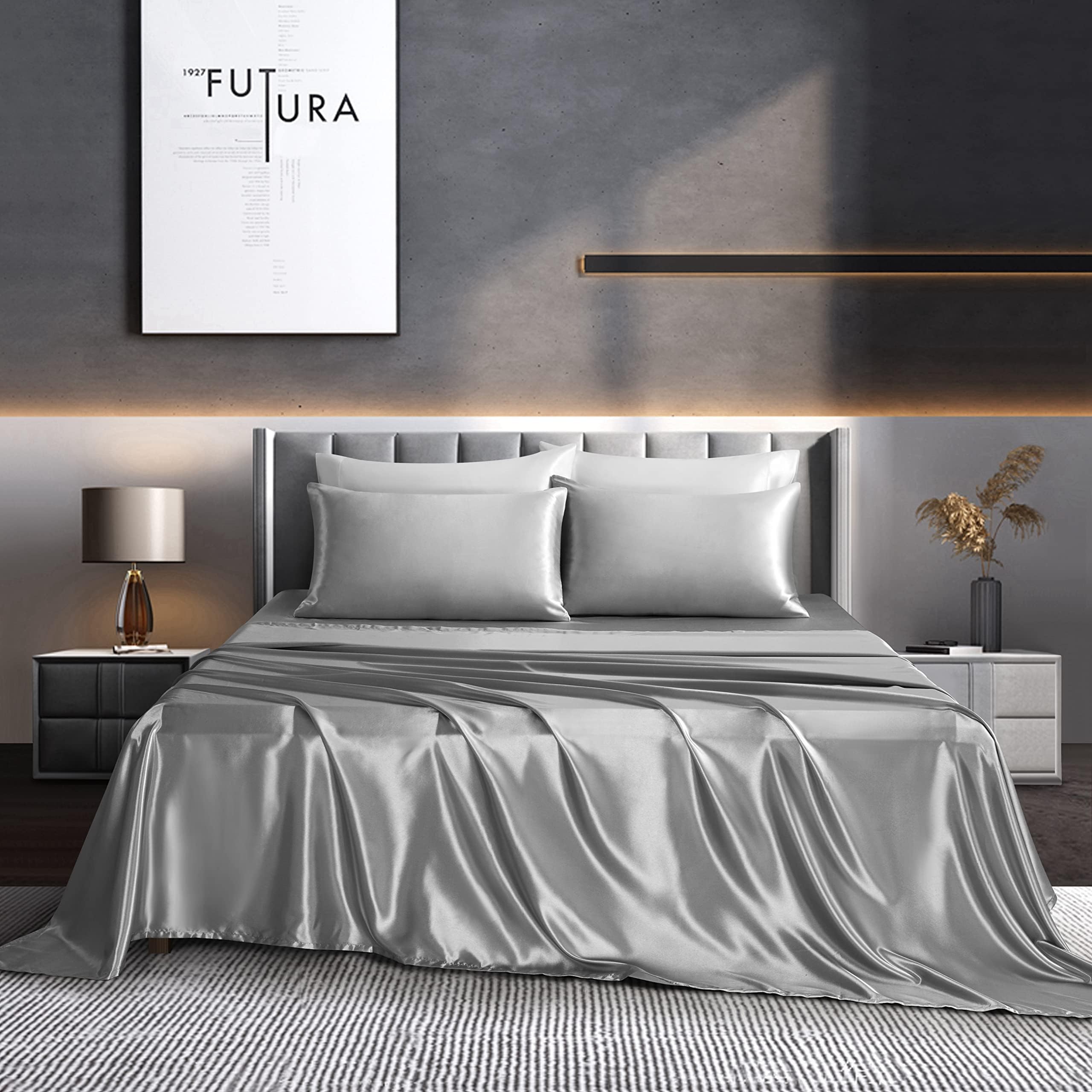 PraySummer Satin Sheets Luxury Bedding Set, Soft Silky Sheets Set with 1 Deep Pocket Fitted Shett, 1 Flat Sheet, 1 Pillowcase (Light Gray, Twin)