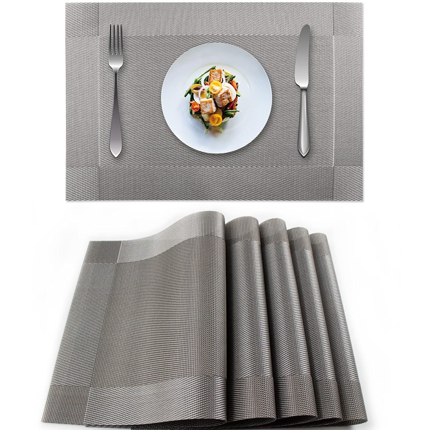 EXCOGrey Placemats Washable Kitchen Table Placemat Stain-resistant Crossweave Woven Vinyl Christmas Table Mats Set of 6