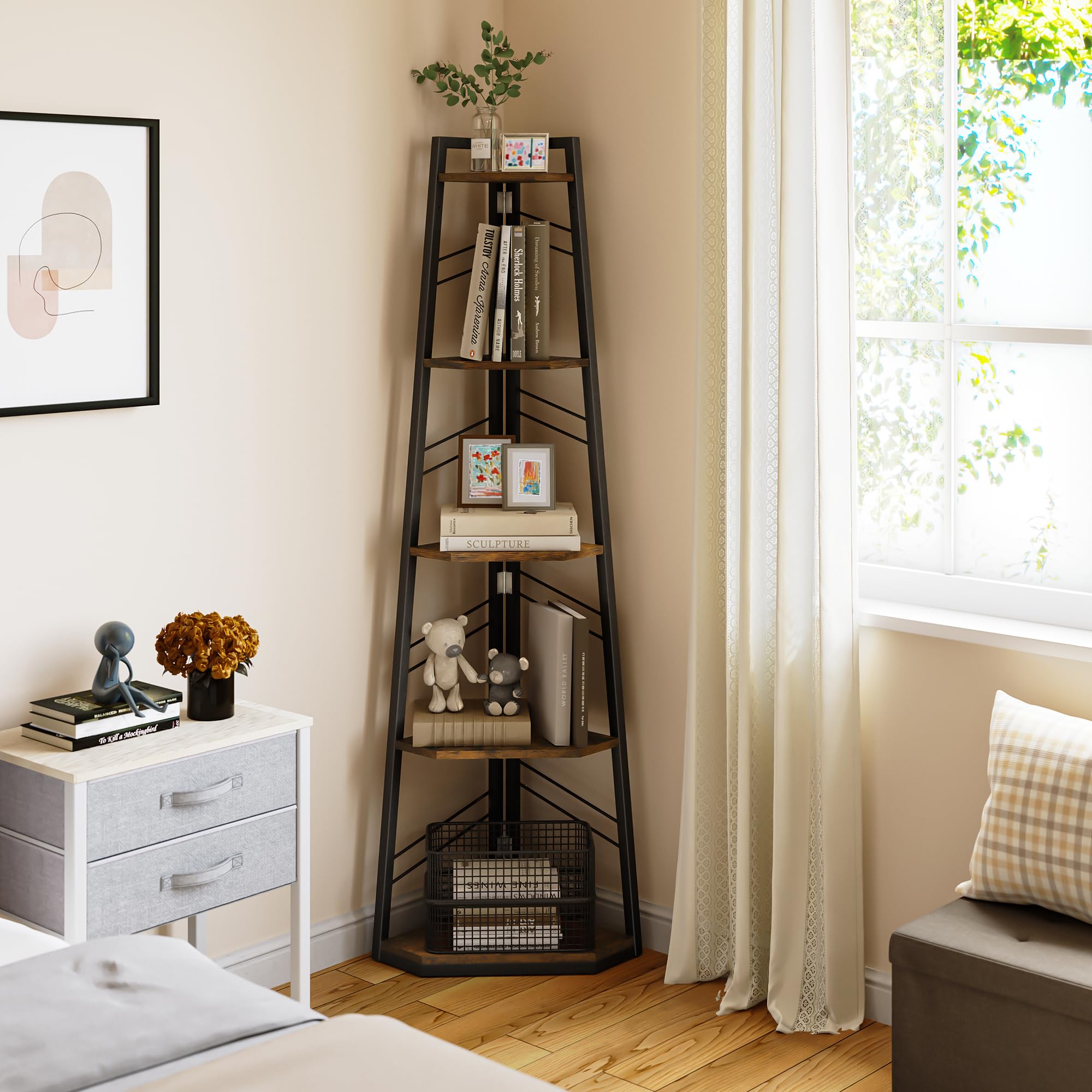 DWVO Eckregal 5 Ebenen, Eckbuchhandel mit Metallrahmen, Industrial Ladder -Bücherregal, Bodenständiges Displayregal, Hoher Speicherregal, für Wohnzimmer, Küche, Schlafzimmer, Vintagebraun Standregal