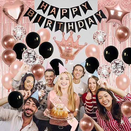 Miniatura 3 de Decoraciones de cumpleaños de oro rosa para mujer, globos de oro rosa negro, decoración de fiesta de cumpleaños, pancarta de feliz día de