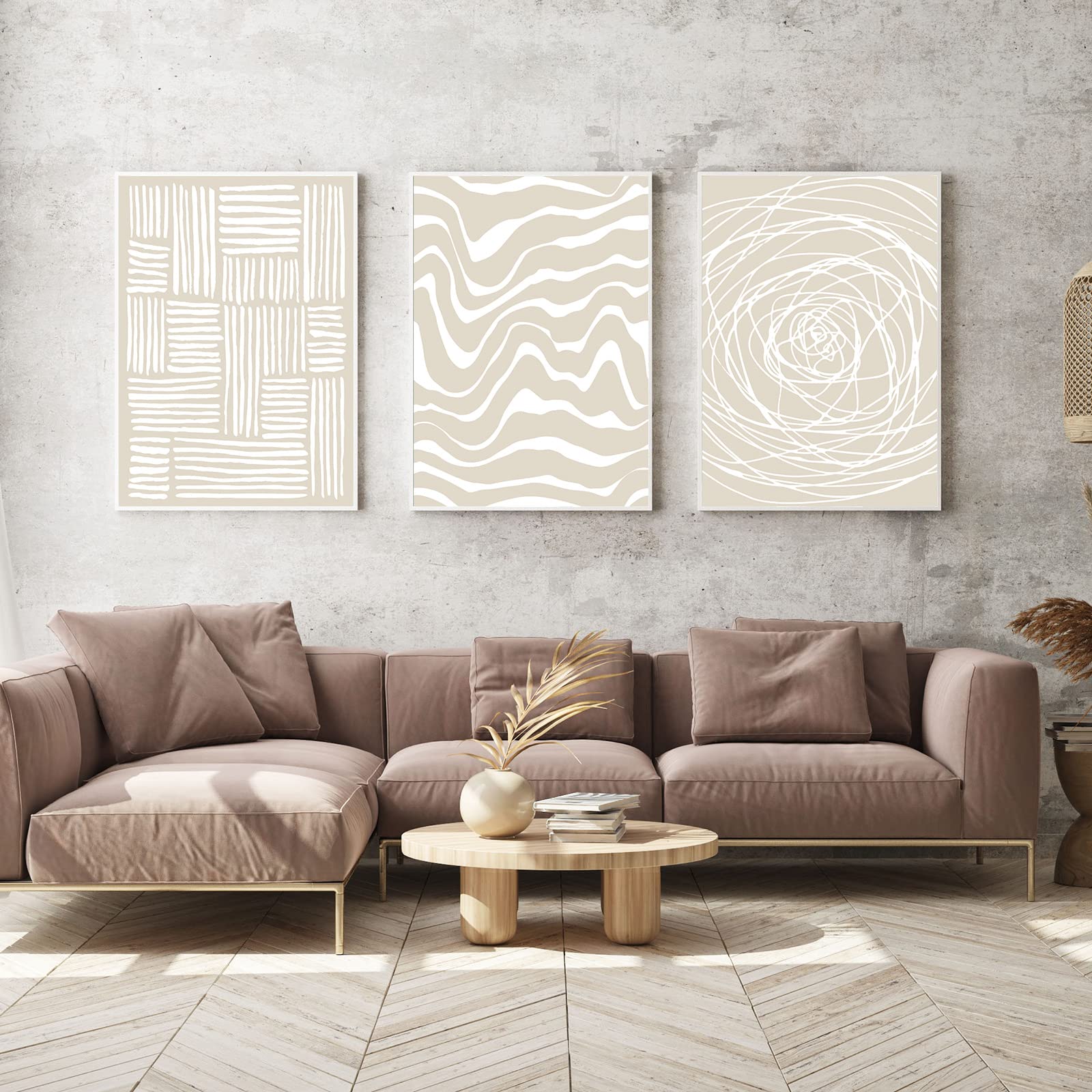 Set Di 3 Poster Stampe Artistiche Boho Geometrici Beige E Nero | Quadri Tela Senza Cornice 28x35cm Per Soggiorno Camera