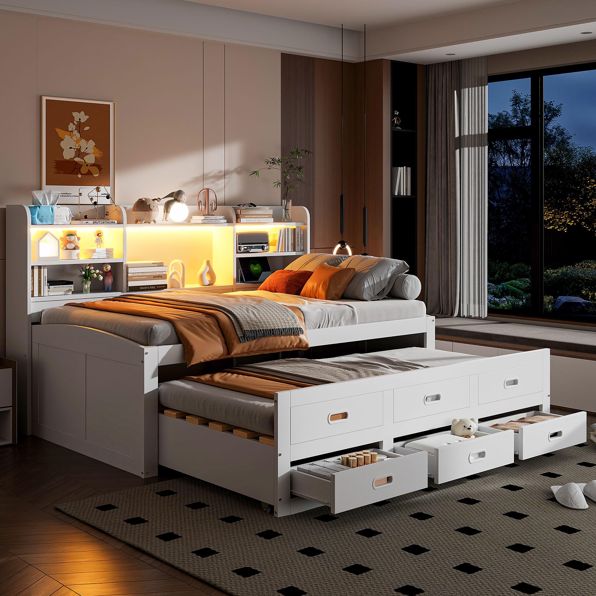 Sofá cama, cama de día, diurna, mando a distancia LED, 3 cajones, mesita de noche, cama extensible multifuncional con USB+Type-c, sin colchón, blanco (90 x 200 cm)