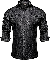DiBanGu Men's Silk Paisley Long Sleeve Button Down Shirt - Regular Fit Casual Dress Shirt for Wedding Party