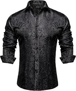DiBanGu Men's Silk Paisley Long Sleeve Button Down Shirt - Regular Fit Casual Dress Shirt for Wedding Party