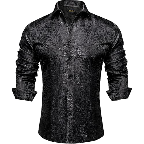 DiBanGu Mens Silk Paisley Dress Shirts,Long Sleeve Button Down Shirt Casual Regular Fit Shirt for Men Wedding Party