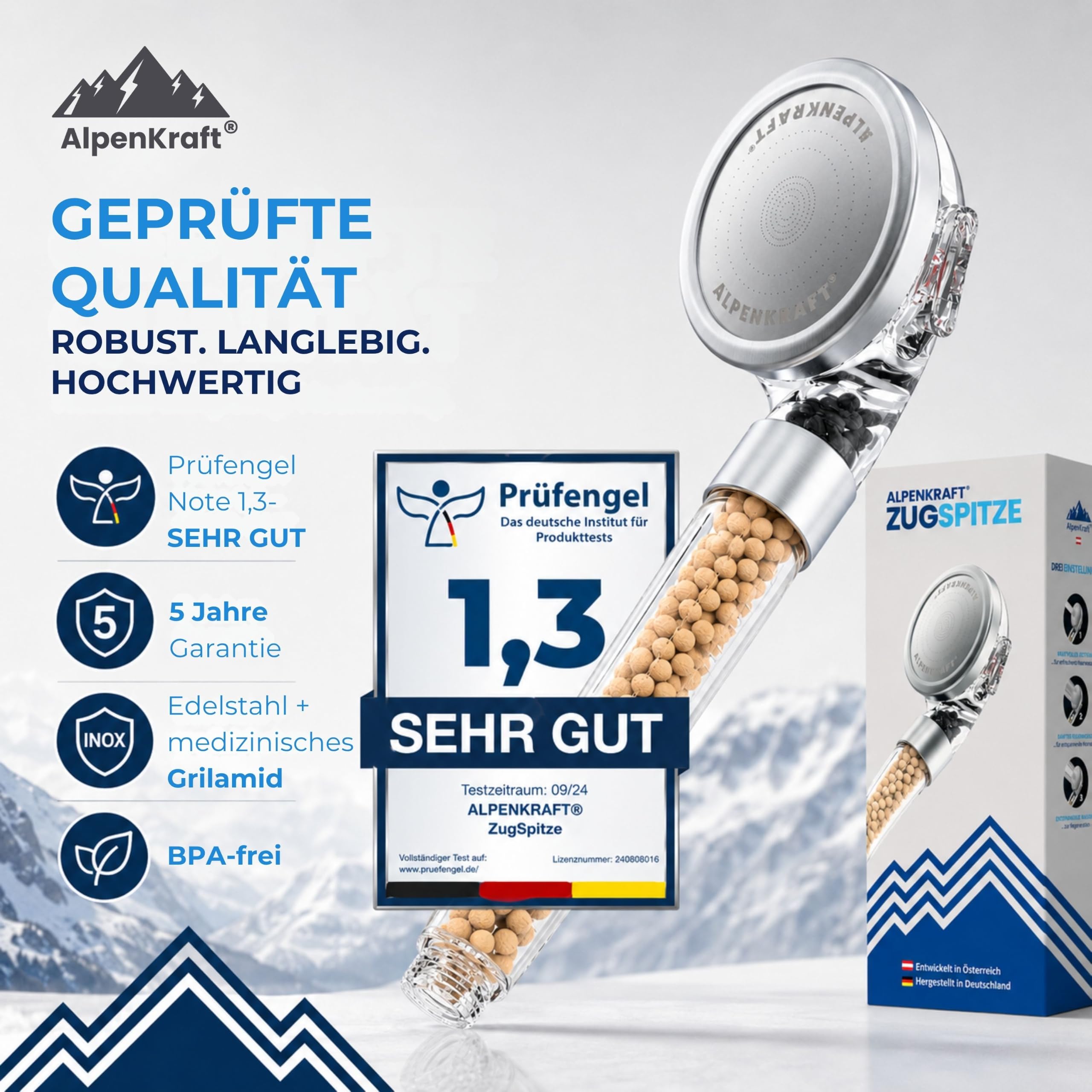 Zugspitze Duschkopf Original Made in Germany - Duschkopf wassersparend und druckerhöhend - Hochdruckduschkopf mit Aktivkohle und Zeolith Filterperlen