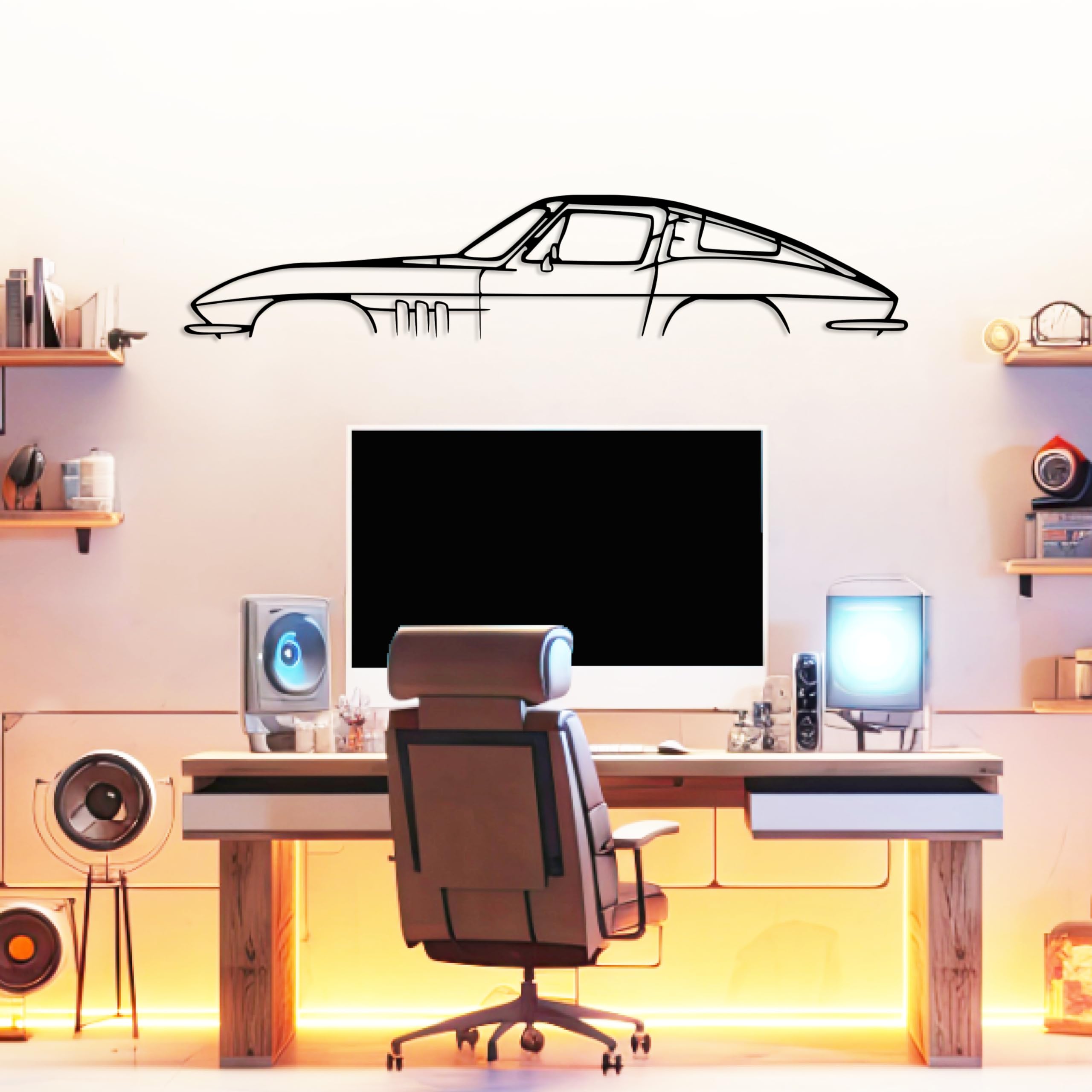 DecoSoul Corvette Sting Ray Metal Car Wall Art, Sports Car, Automotive Silhouette Decoration, Minimalist Sculpture for Garage, Gift for Boyfriend and