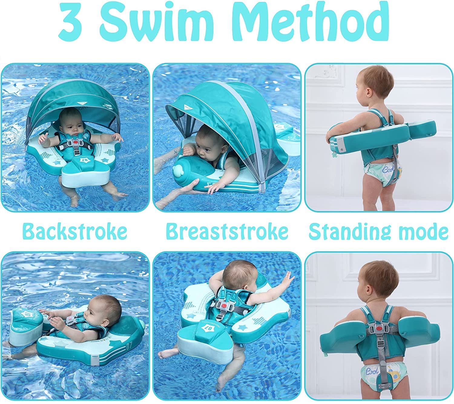 HECCEI Bambino Salvagente Ciambella Neonato, Mambobaby N0.7 Swim Float con Parasole Non Gonfiabile Safety Regolabile Anello di Nuoto 3-48 Mesi Toddler
