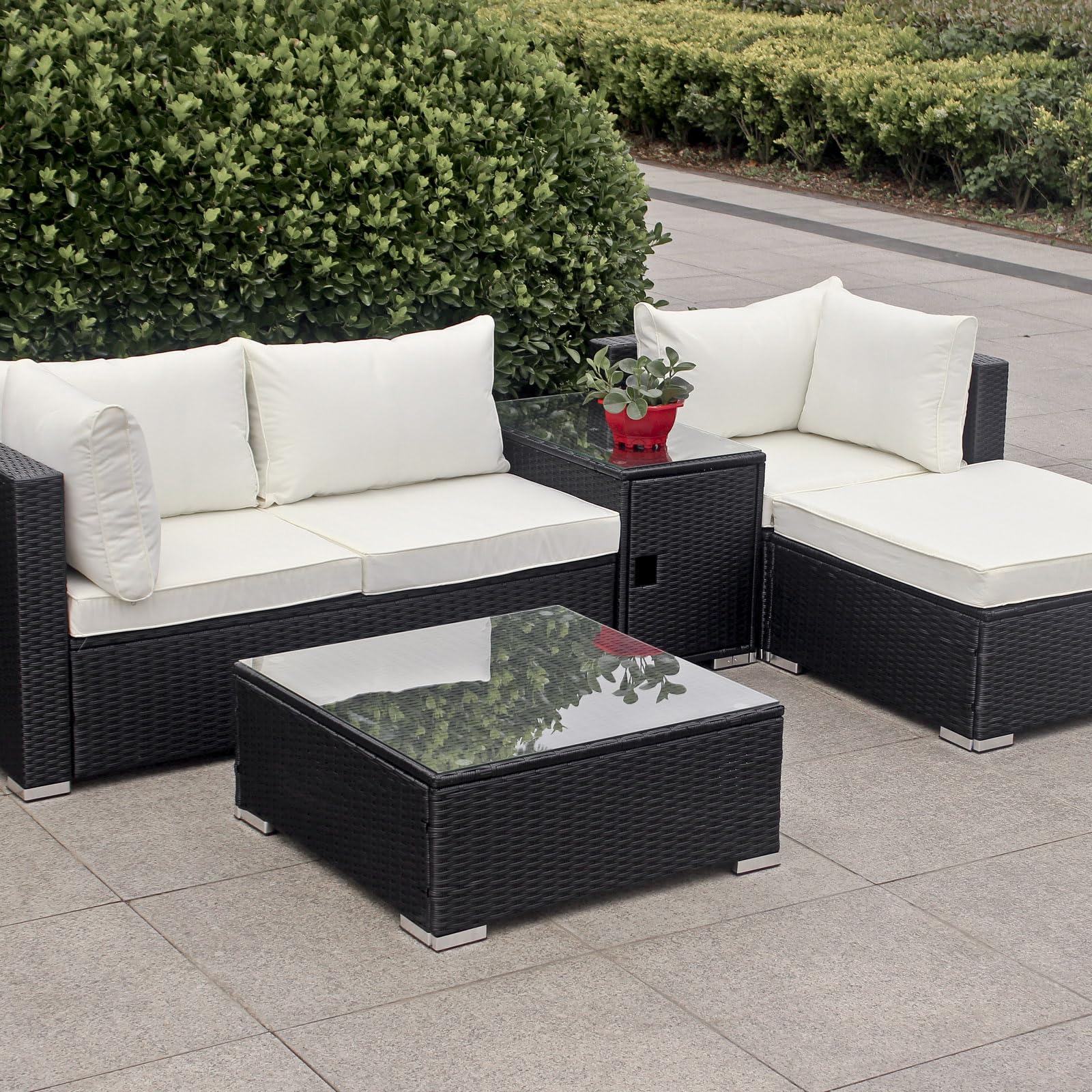 Couchtisch Beistelltisch Gartentisch Teetisch Tisch Gartenmöbel Kaffeetisch Balkontisch Terrasse Abstelltisch mit Stauraum und Glassplatte 75x40x50cm Poly Rattan Glas (Schwarz)
