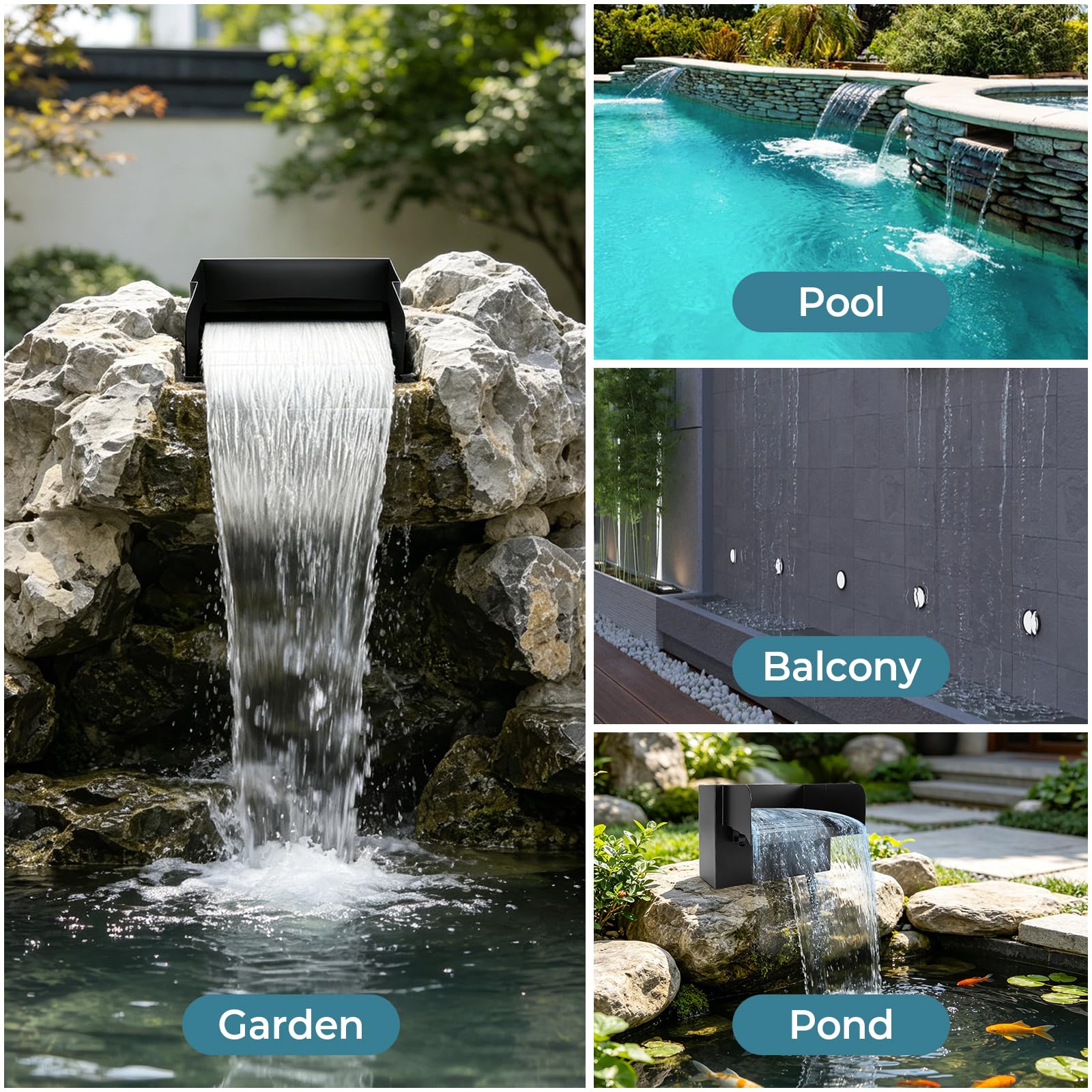 Teichwasserfall Überlauf für Gartenteiche, 20 cm Edelstahl Überlauf Teichbrunnen-Set mit 45W 3000L/H Pumpe für Teich, Pool, Garten, Terrassendekoration