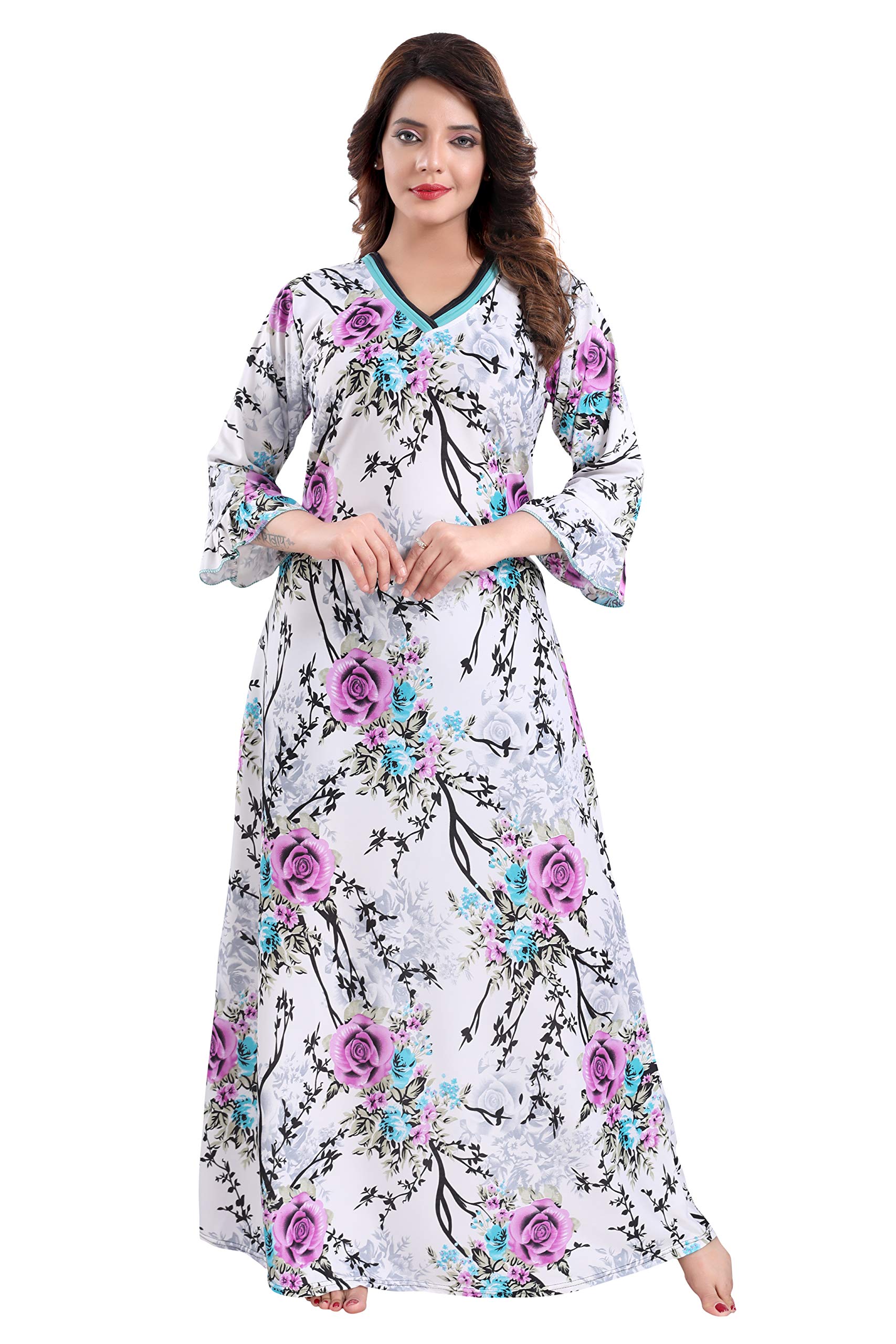 Fabme Women's Crepe Printed Flare Nighty with Long Sleeves/Night Gown/Nightwear/Maxi