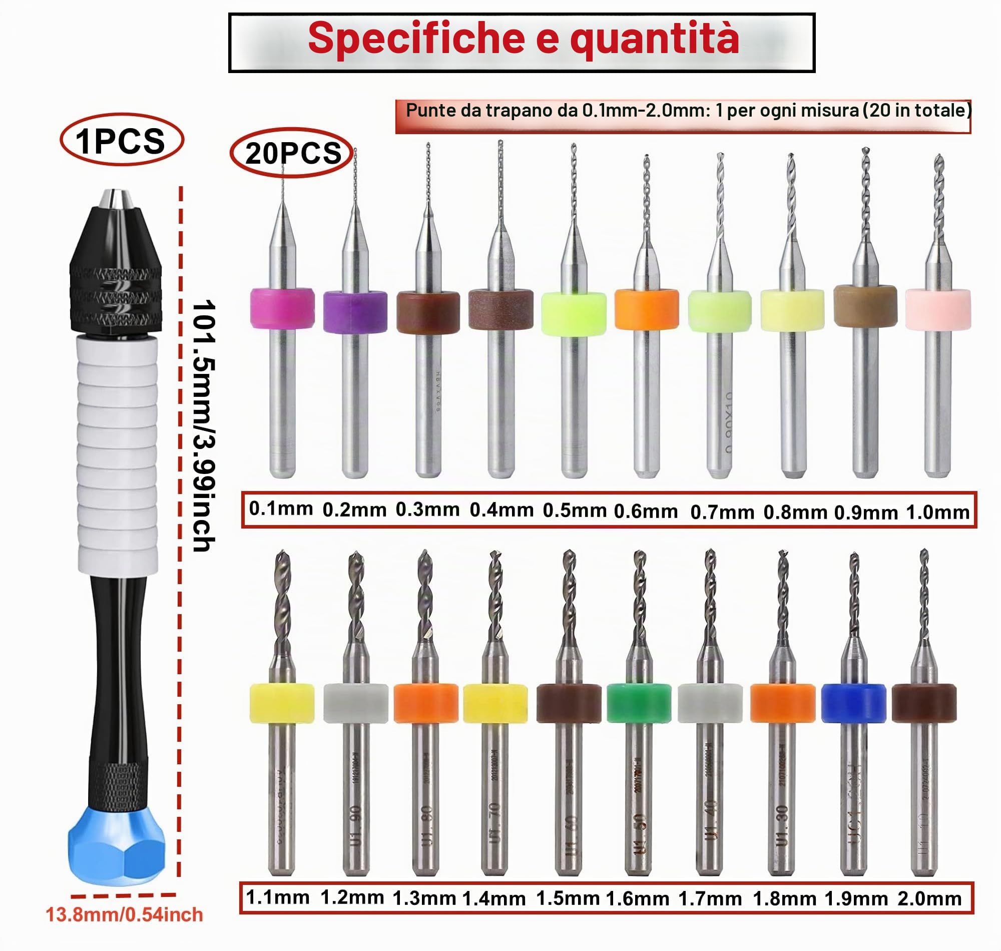 Kit Mini Trapano a Mano 20 pezzi Punte da PCB Micro,Mini Trapano 0,1mm a 1,0mm e 1,1mm a 2,0mm Punte Elicoidale Twist Drill Bits per Utensili Foratura Modellismo