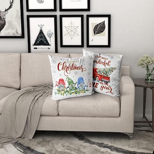 Miniatura 7 de Giwawa Juego de 2 fundas de almohada de Navidad de 18 x 18 pulgadas, diseño de árbol de Navidad, copos de nieve, gnomo, camión rojo, fundas de cojín