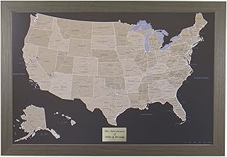 Push Pin Travel Maps Personalized Earth Toned US with Barnwood Gray Frame and Pins - 27.5 inches x 39.5 inches