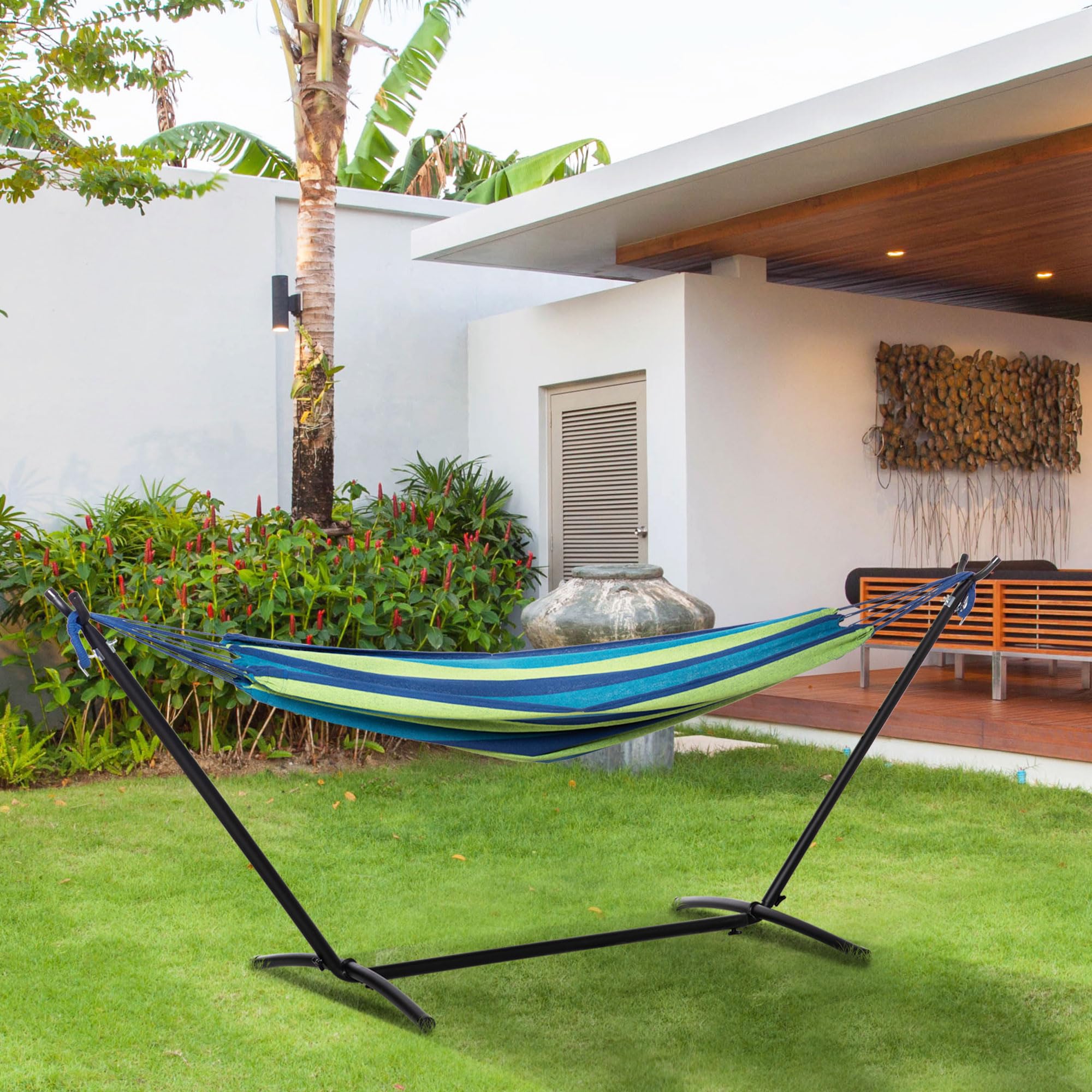 Outsunny Amaca da Giardino Sospesa 310x117 cm con Altezza Regolabile e Supporto, Capacità 120 kg, Amaca Autoportante con Borsa di Trasporto, per Campeggio, Giardino, Balcone, Patio, Verde e Azzurro