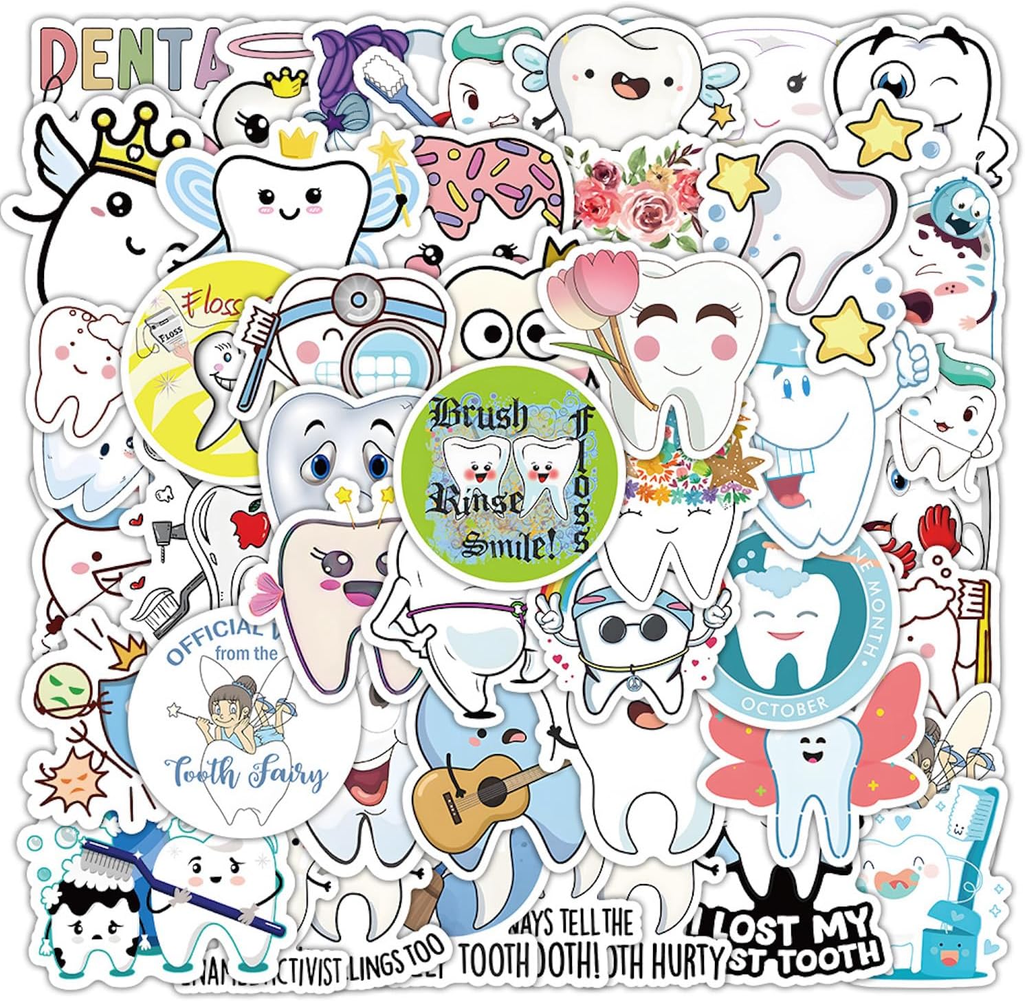 50Pcs Tooth Stickers for Kids Vinyl Dental Stickers Tooth Fairy Stickers Decals for Laptop Water Bottle Bumper Luggage Computer Skateboard Snowboard (Tooth Protection)